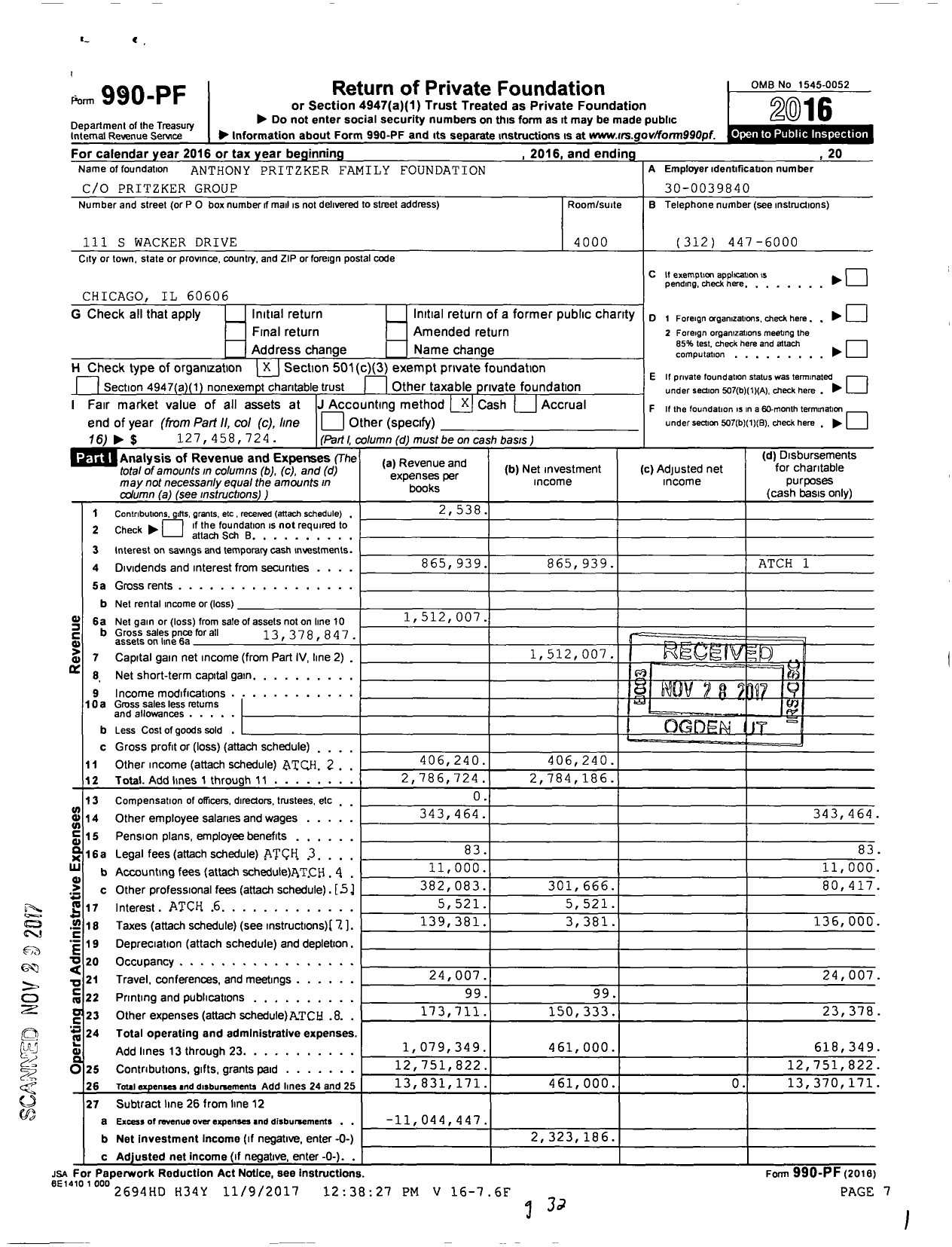 Image of first page of 2016 Form 990PF for Anthony Pritzker Family Foundation