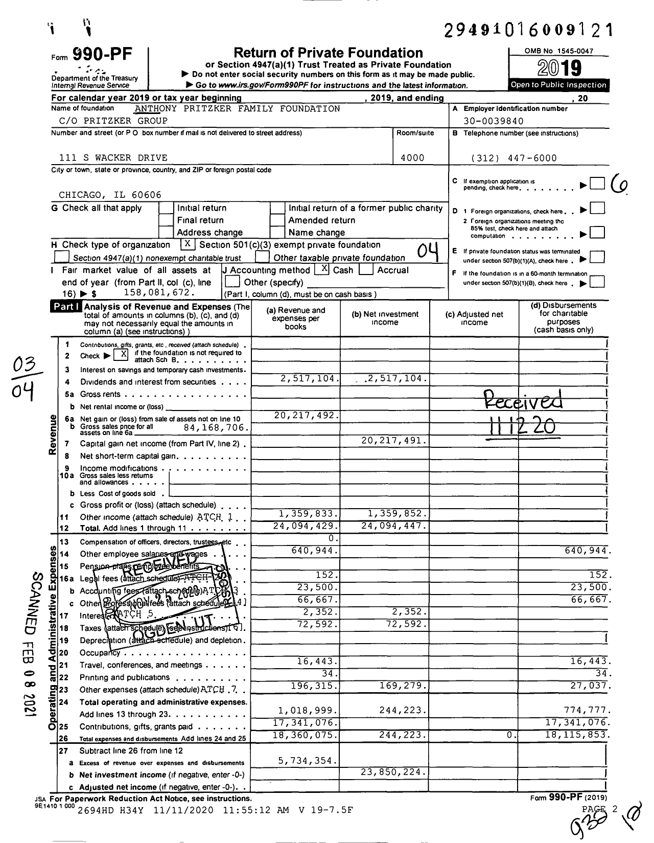 Image of first page of 2019 Form 990PF for Anthony Pritzker Family Foundation