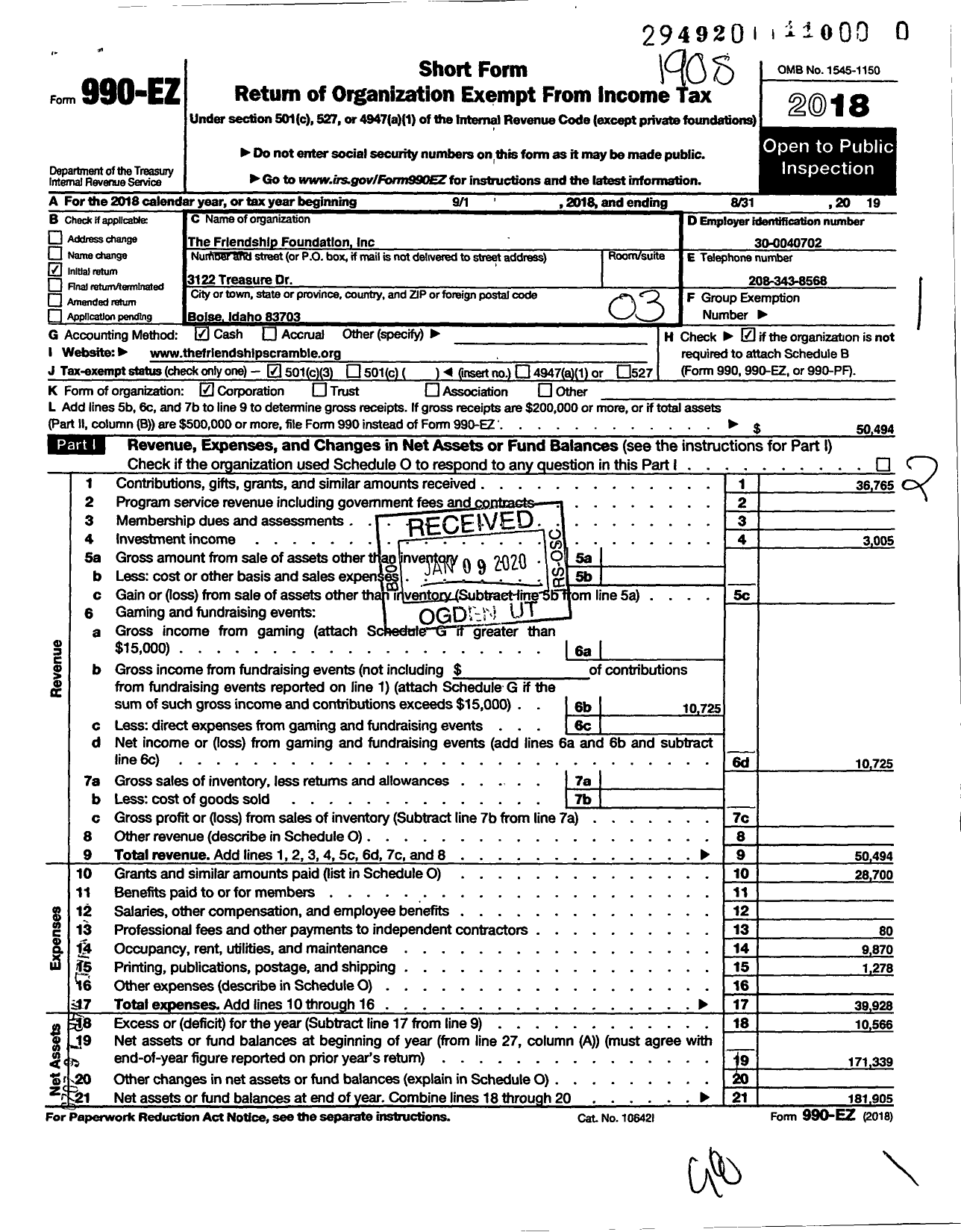 Image of first page of 2018 Form 990EZ for Friendship Foundation