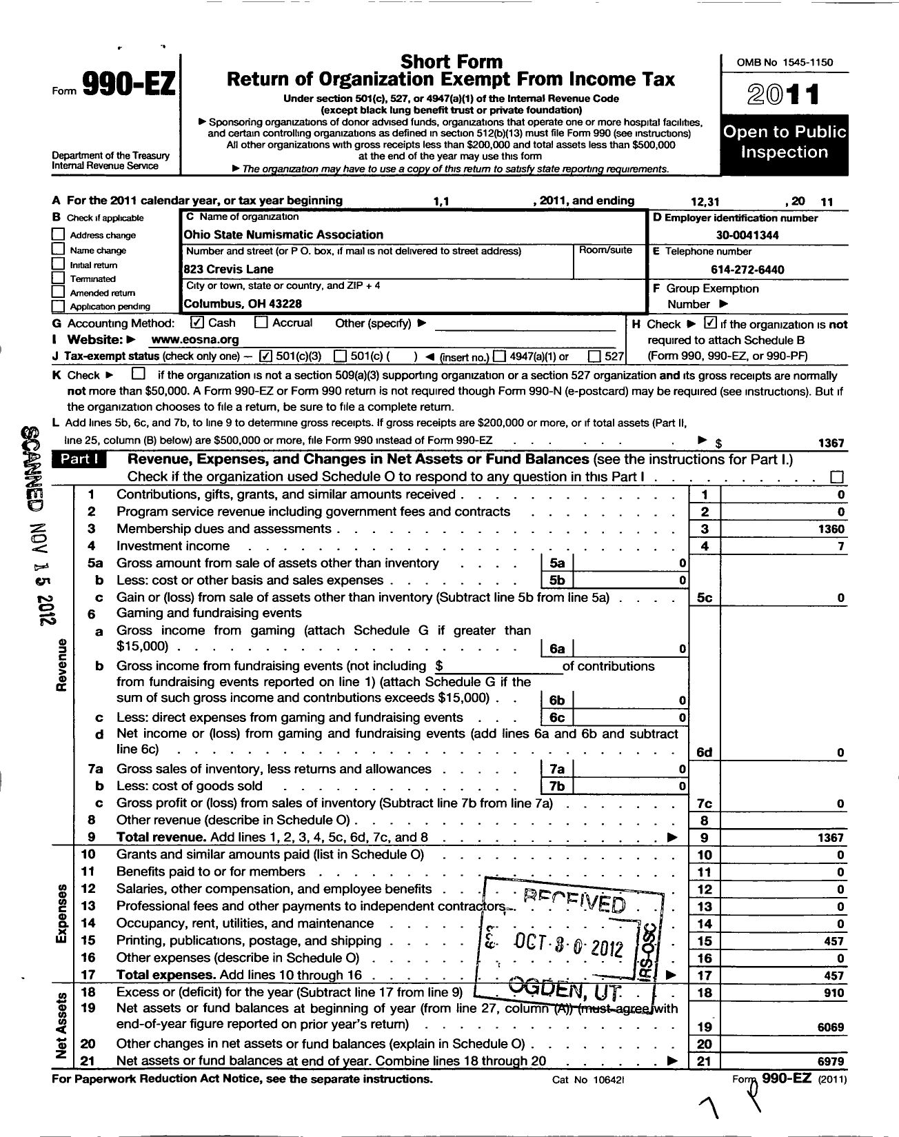 Image of first page of 2011 Form 990EZ for Ohio State Numismatic Association