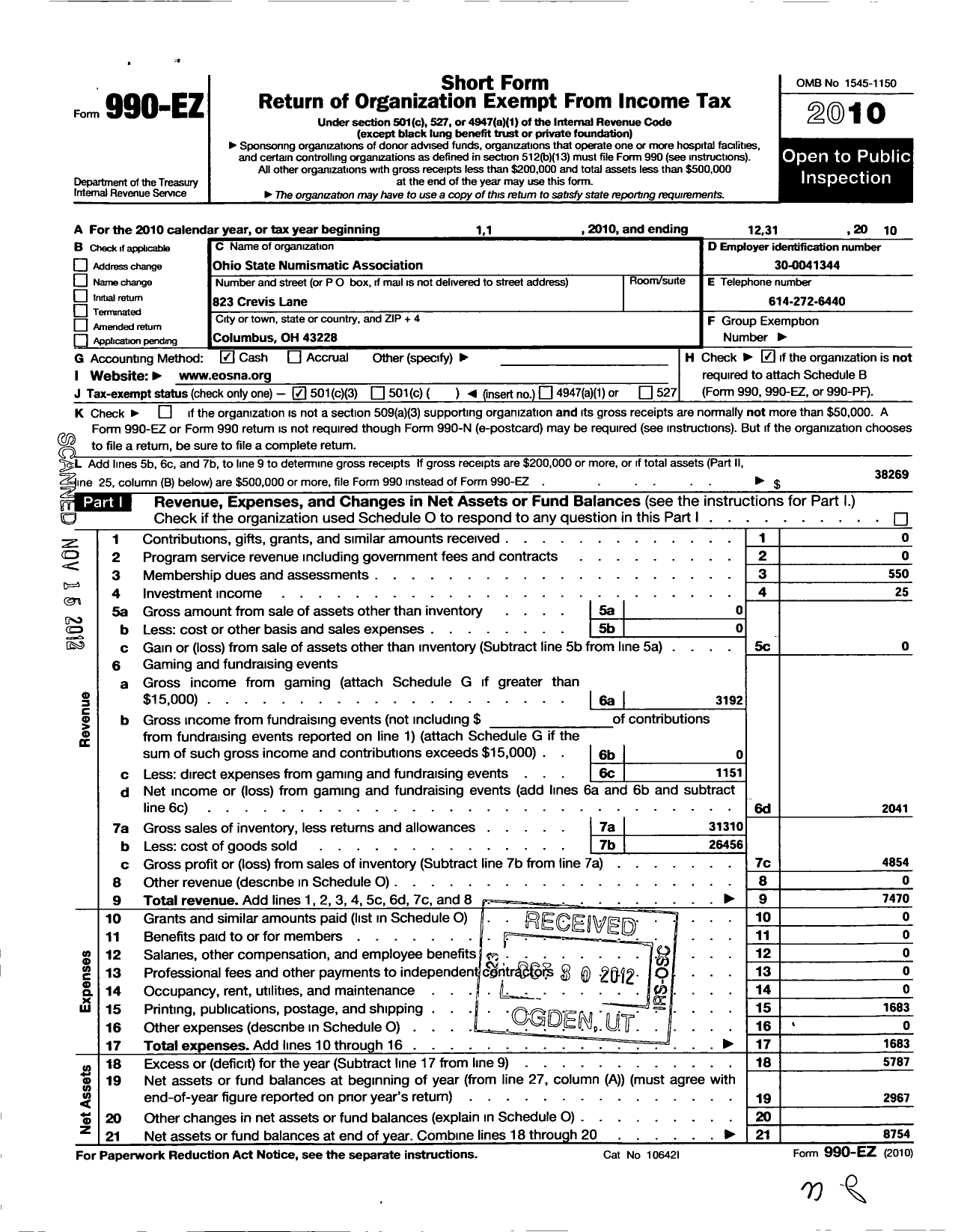 Image of first page of 2010 Form 990EZ for Ohio State Numismatic Association