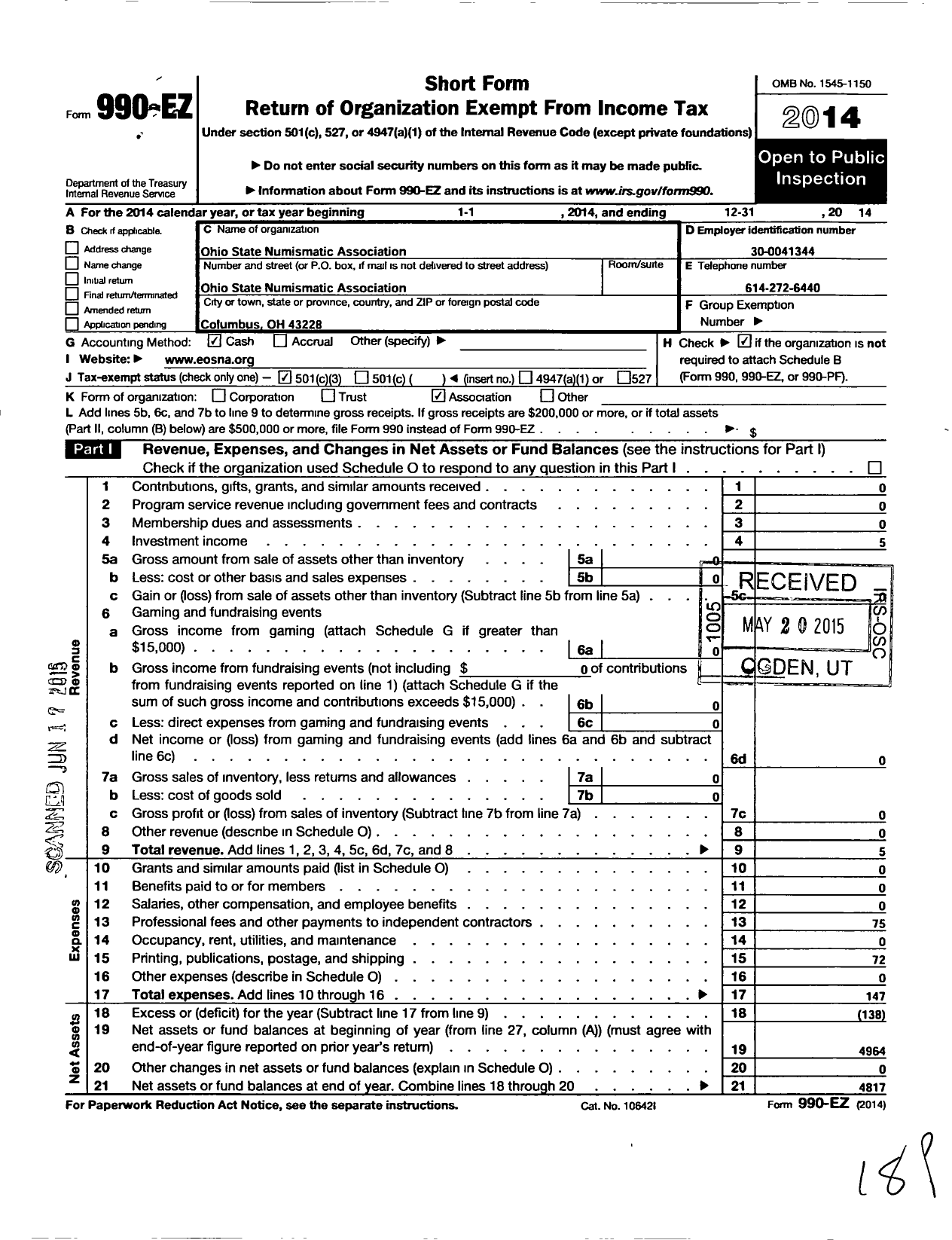 Image of first page of 2014 Form 990EZ for Ohio State Numismatic Association