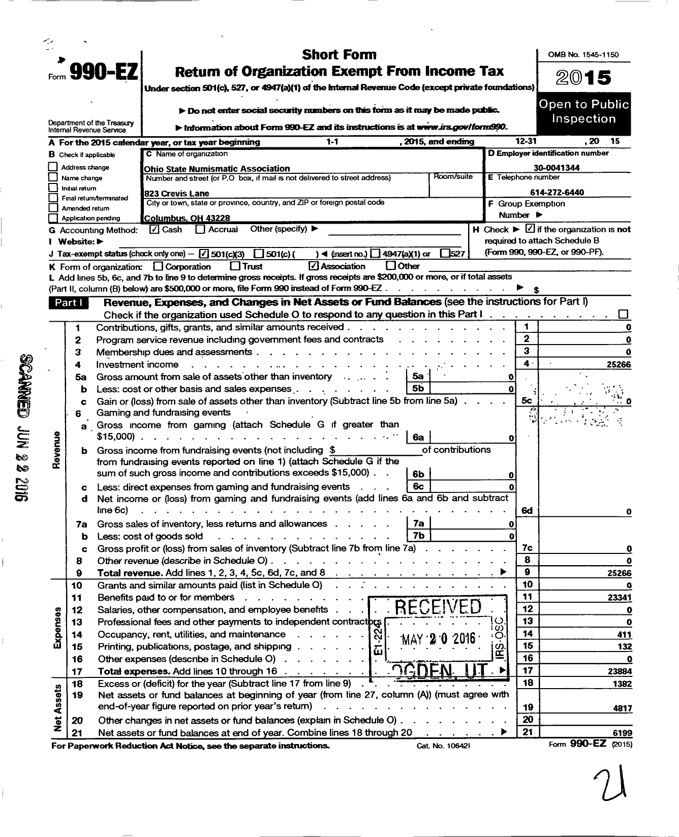 Image of first page of 2015 Form 990EZ for Ohio State Numismatic Association