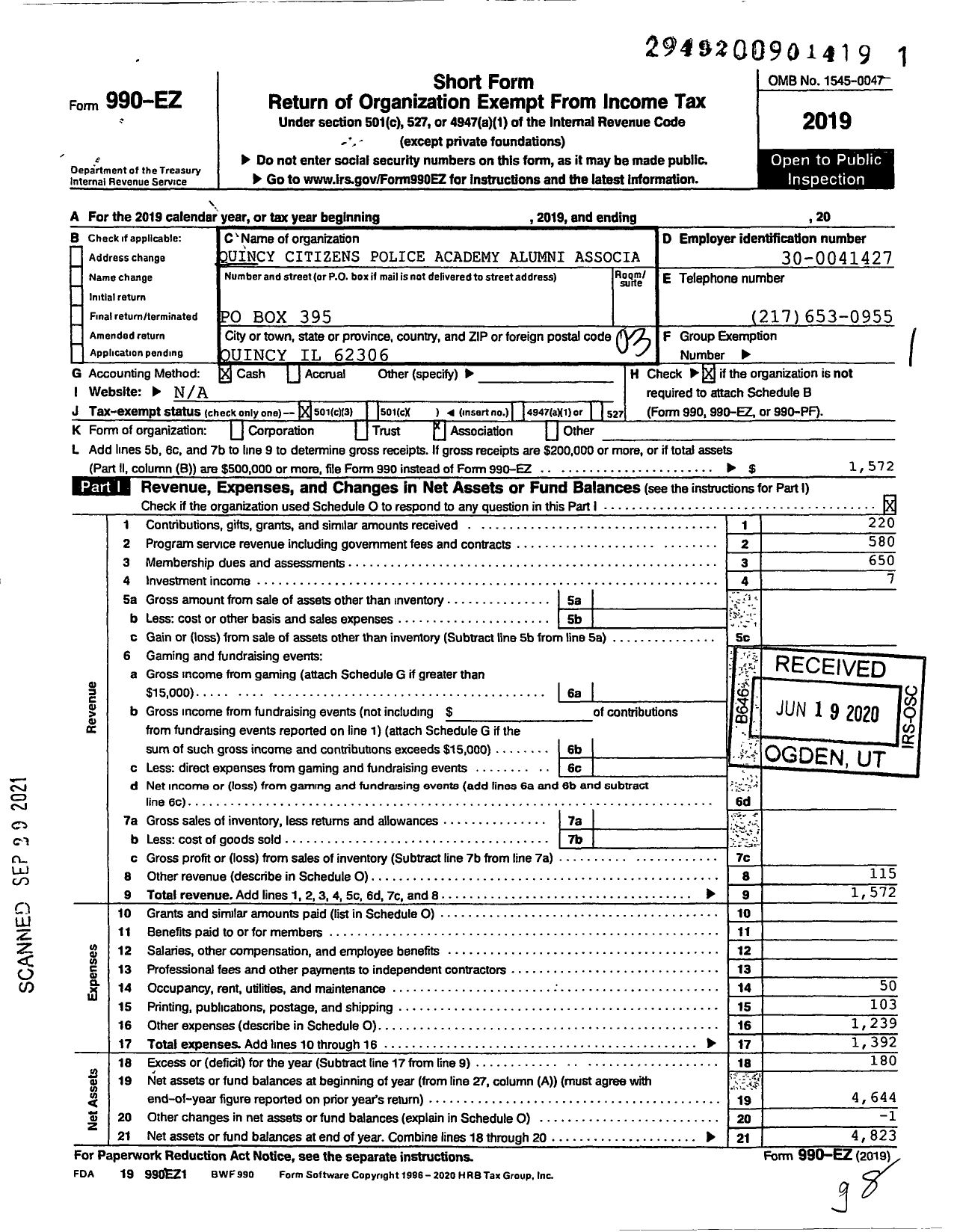 Image of first page of 2019 Form 990EZ for Quicy Citizens Police Academy Alumni Association