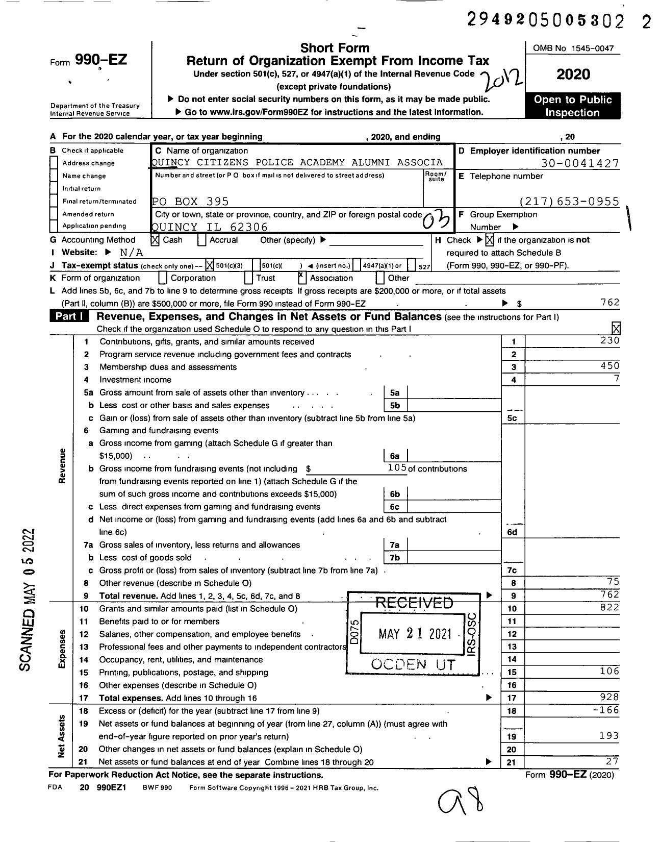 Image of first page of 2020 Form 990EZ for Quicy Citizens Police Academy Alumni Association