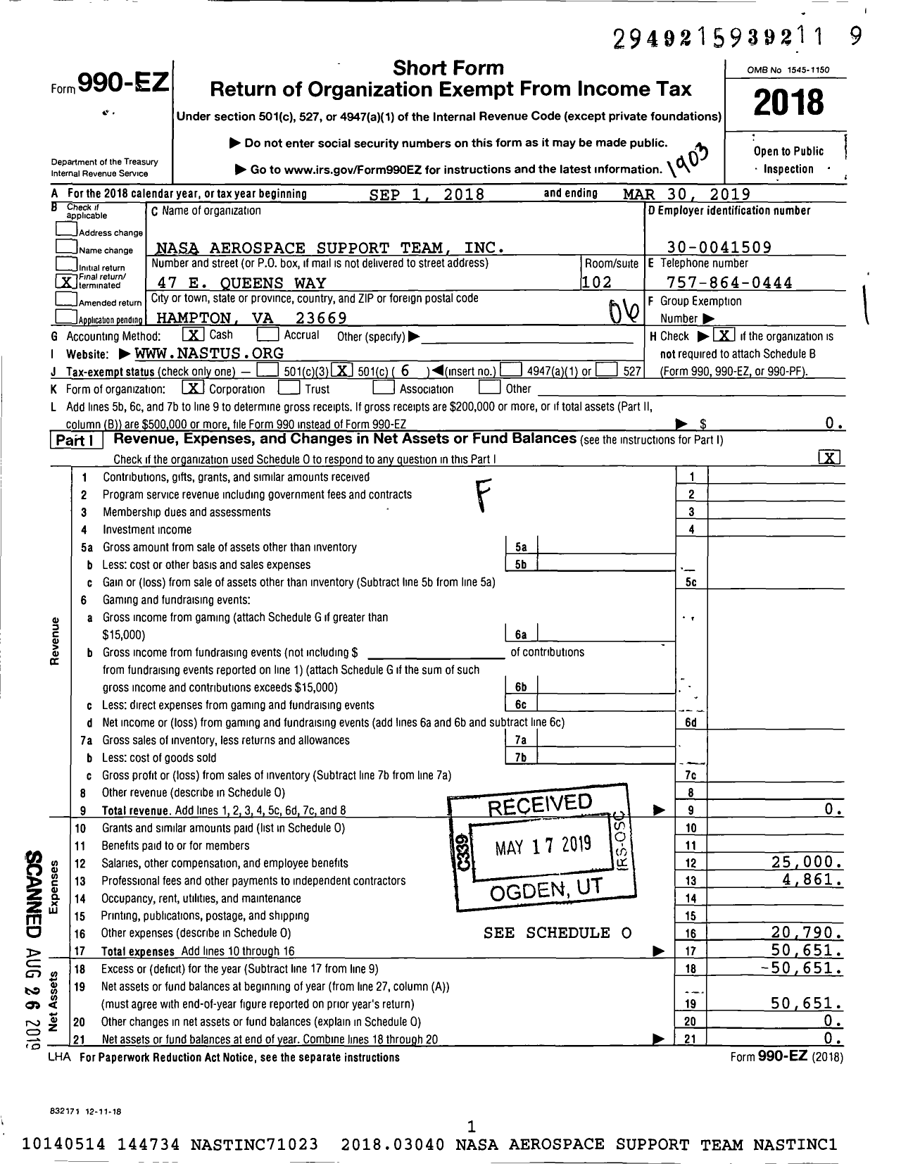 Image of first page of 2018 Form 990EO for Nasa Aeronautics Support Team