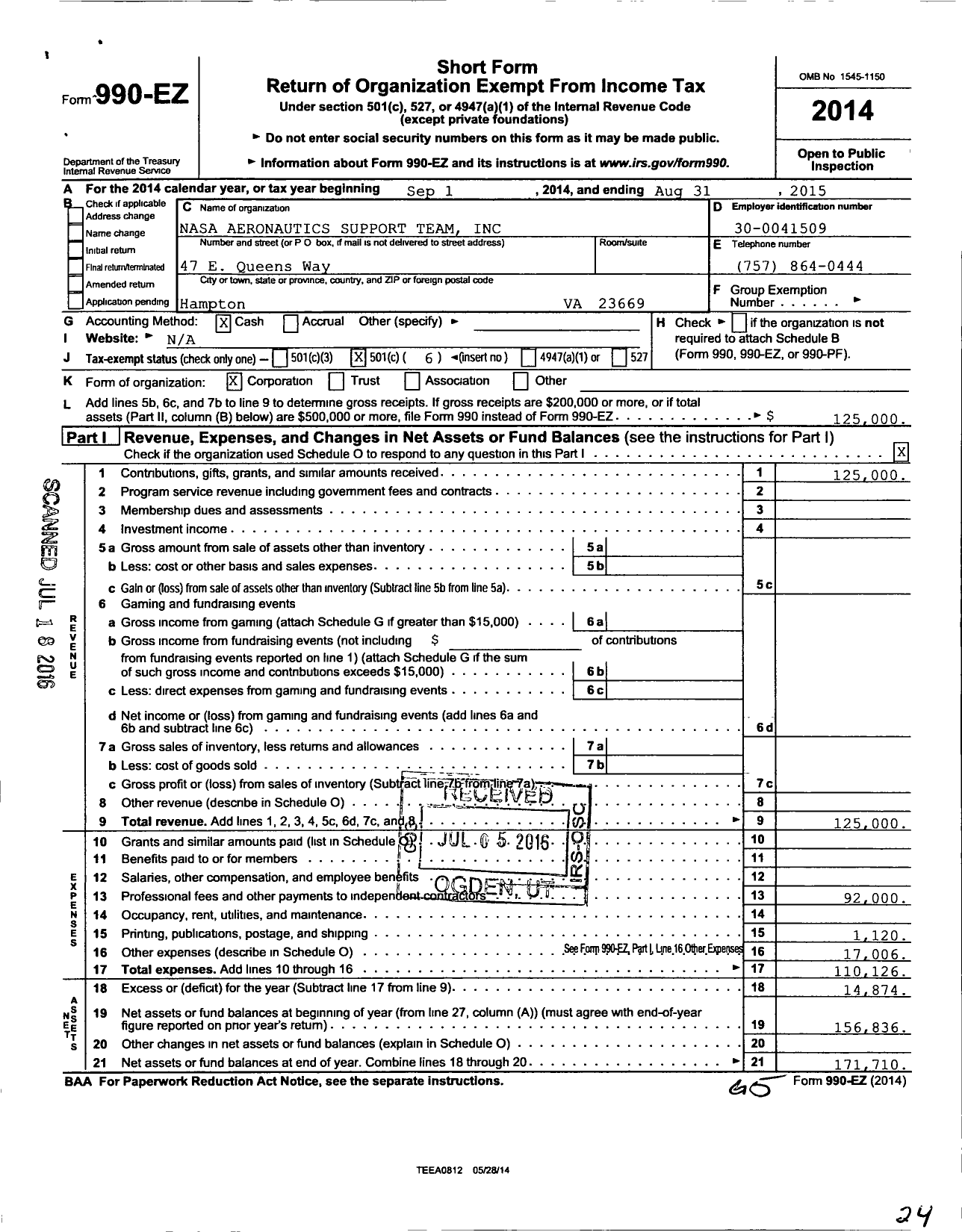 Image of first page of 2014 Form 990EO for Nasa Aeronautics Support Team