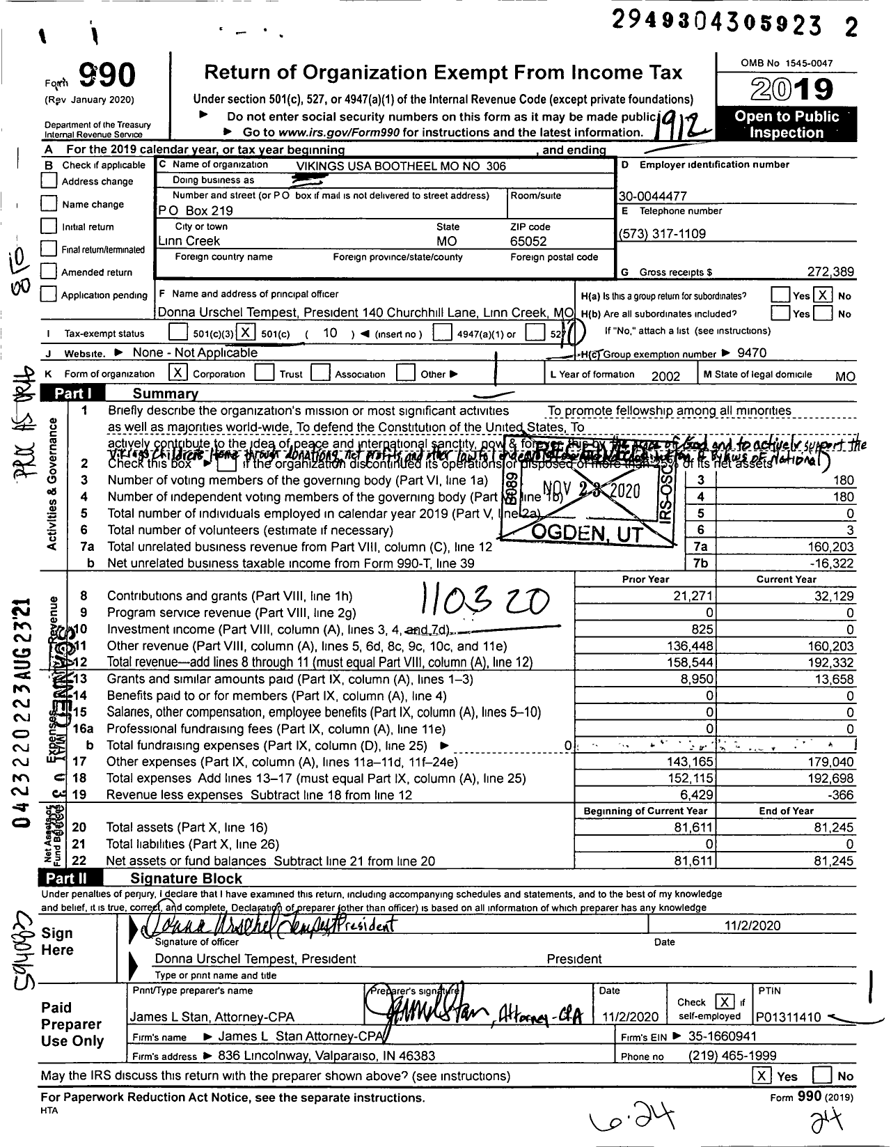 Image of first page of 2019 Form 990O for Vikings USA Bootheel Mo - 306