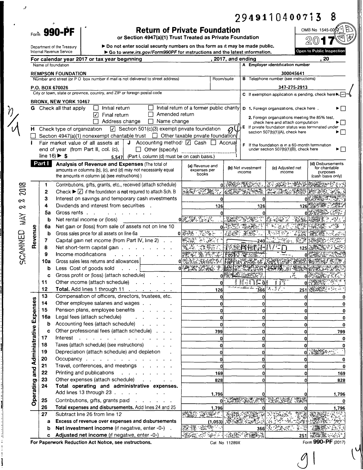 Image of first page of 2017 Form 990PF for Rempson Foundation