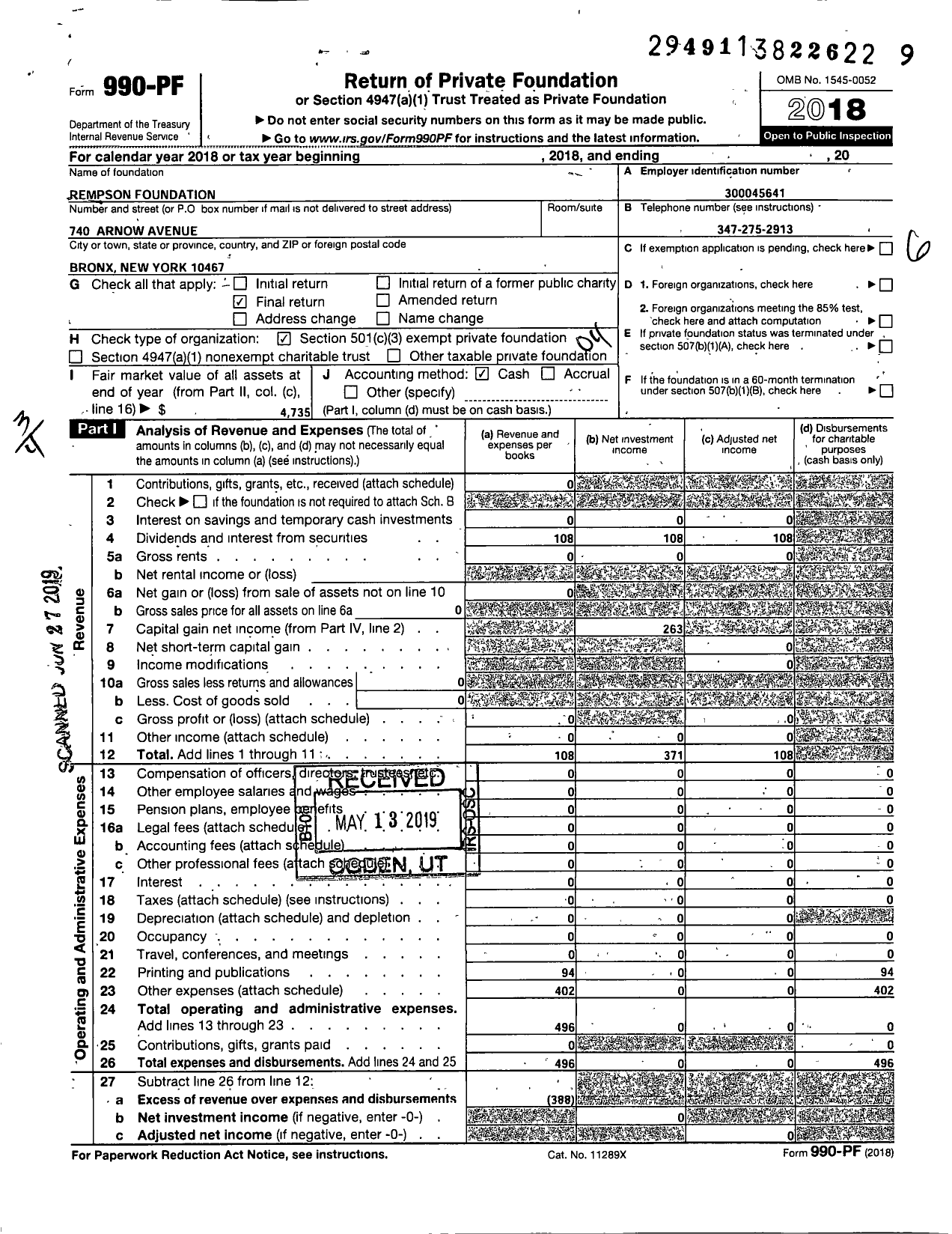 Image of first page of 2018 Form 990PF for Rempson Foundation
