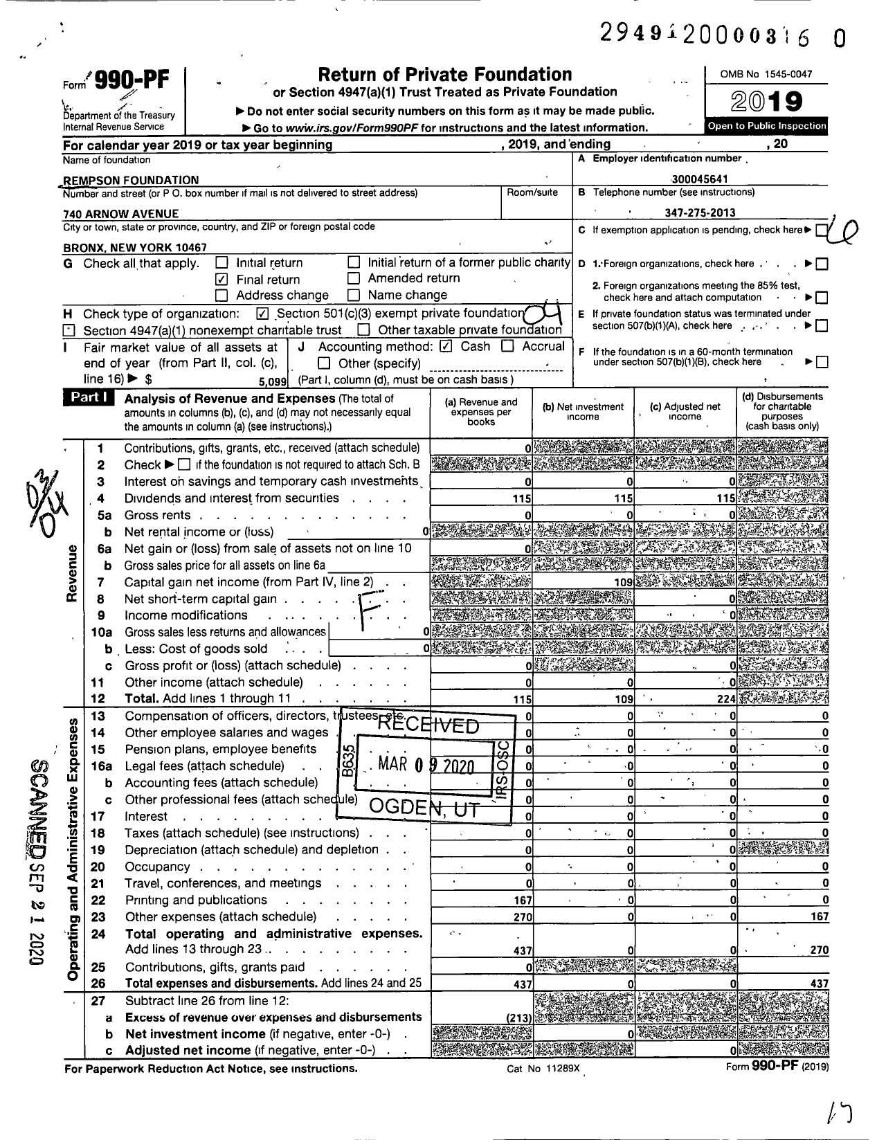 Image of first page of 2019 Form 990PR for Rempson Foundation