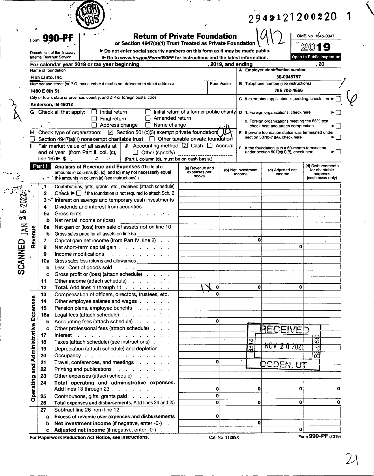 Image of first page of 2019 Form 990PF for Floricanto