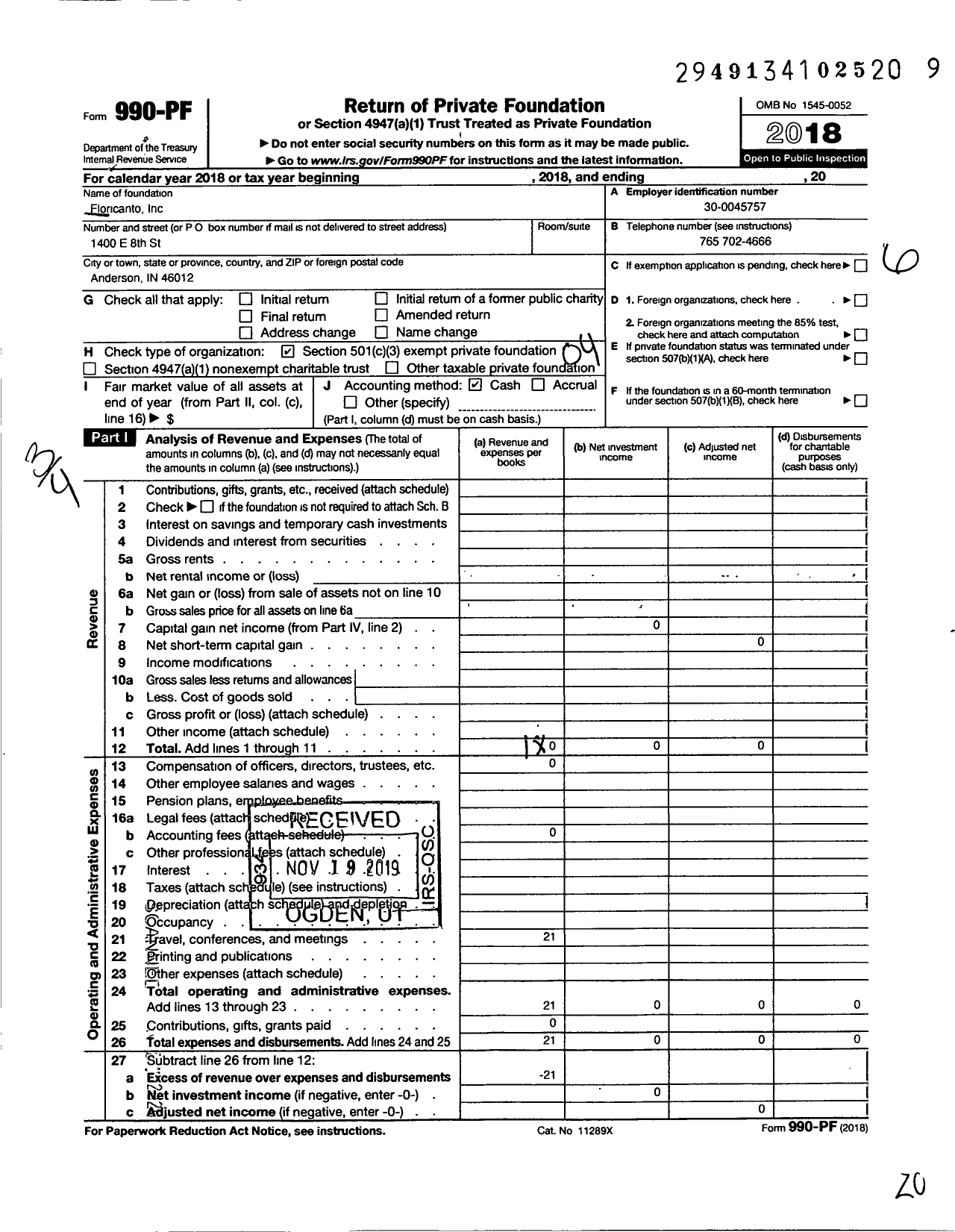 Image of first page of 2018 Form 990PF for Floricanto