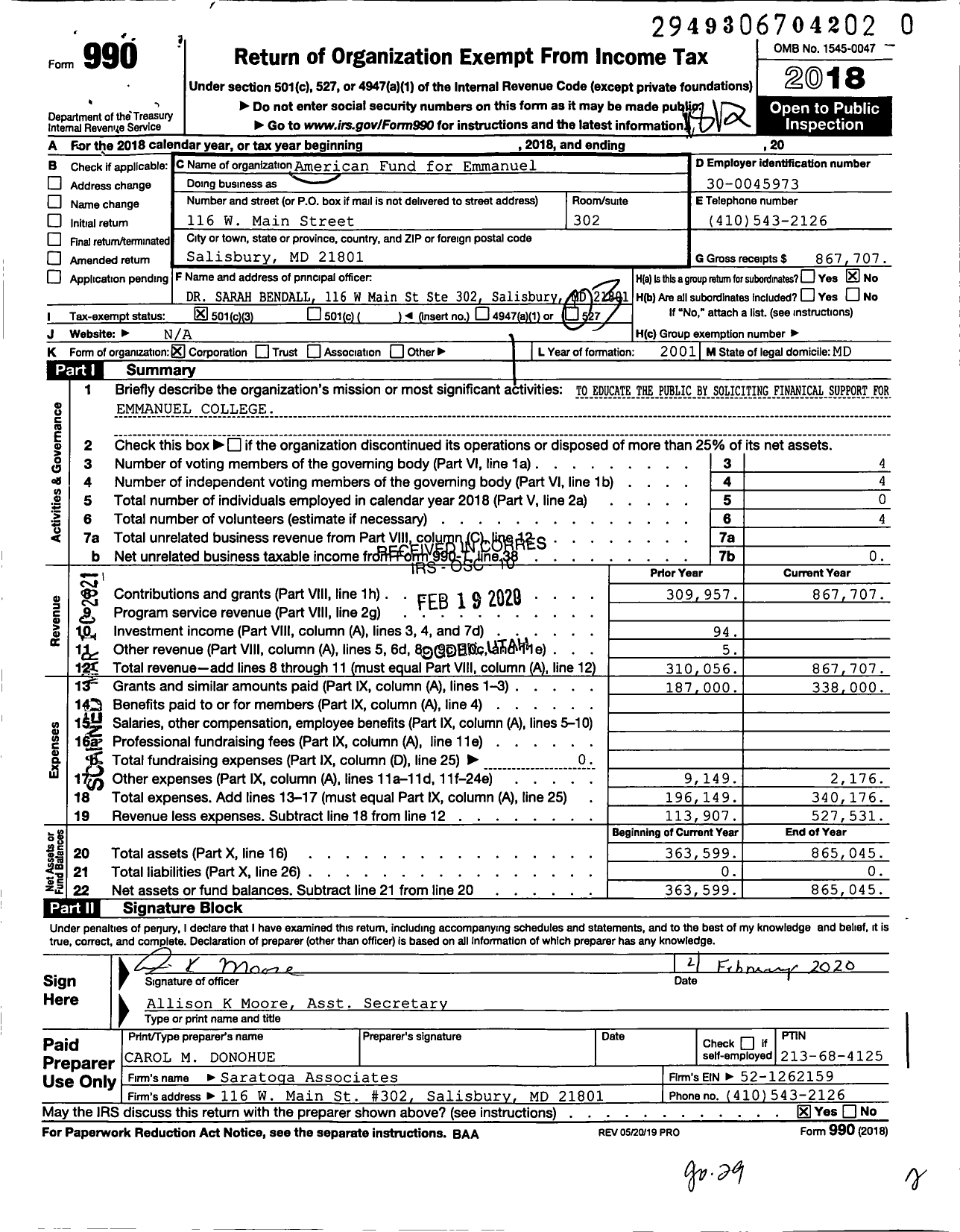 Image of first page of 2018 Form 990 for American Fund for Emmanuel