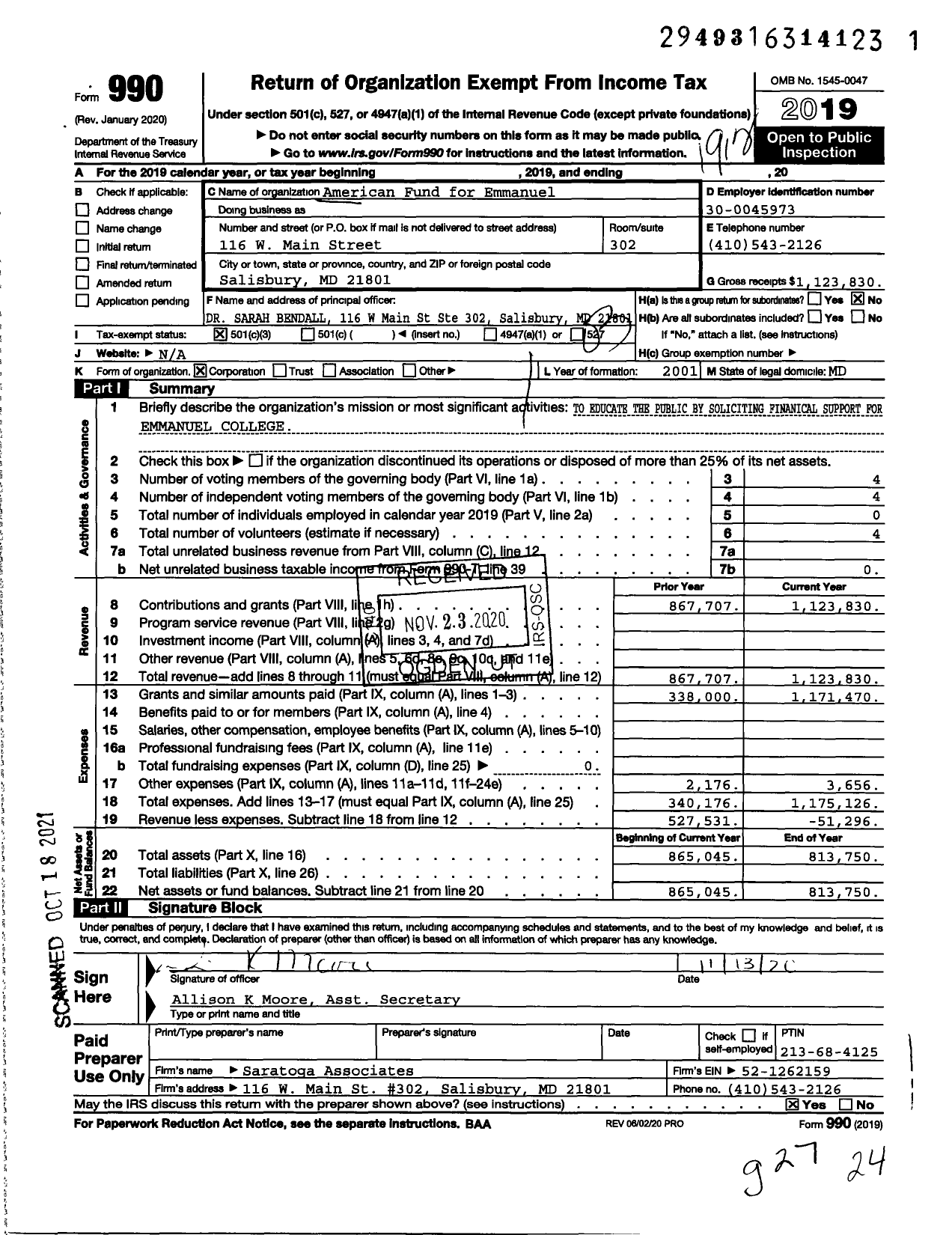 Image of first page of 2019 Form 990 for American Fund for Emmanuel