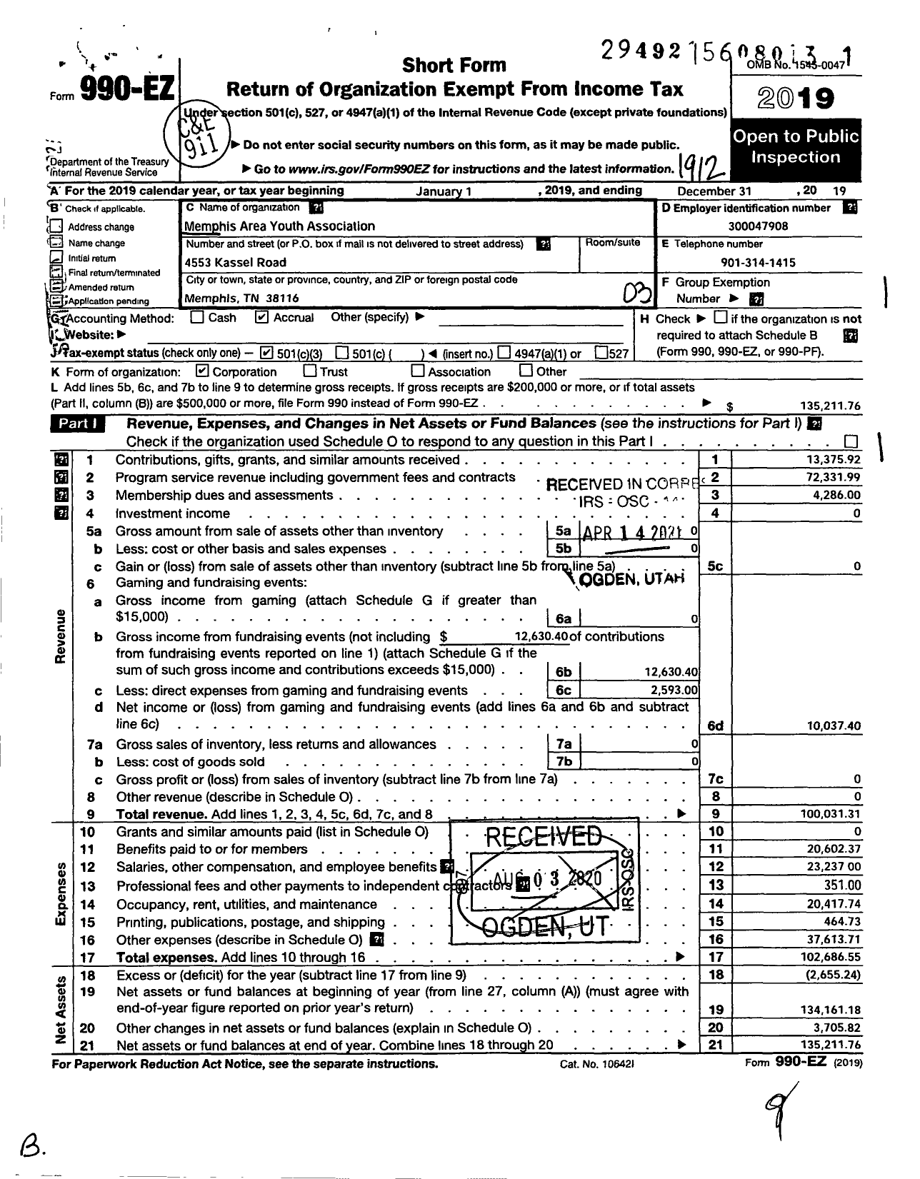 Image of first page of 2019 Form 990EZ for Memphis Area Youth Association