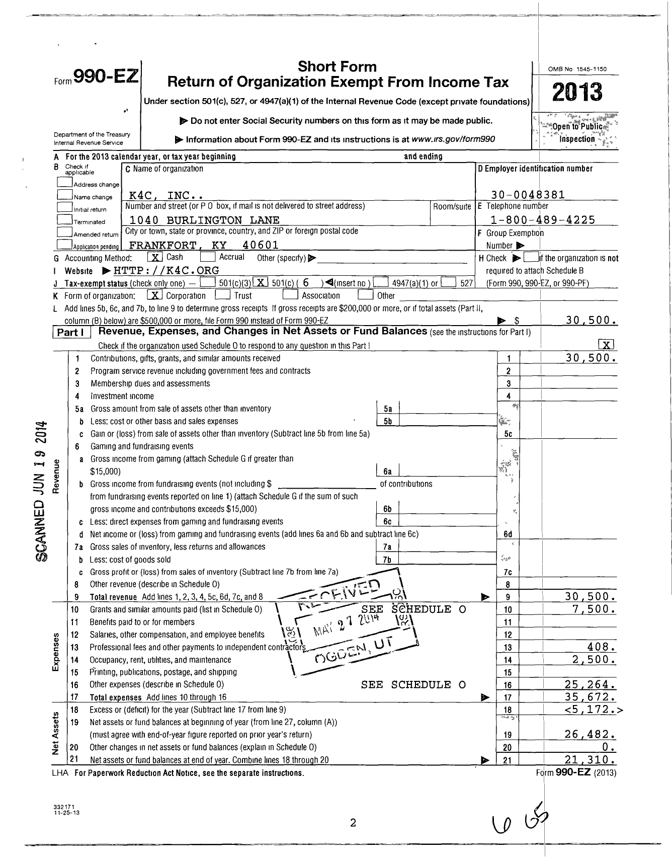 Image of first page of 2013 Form 990EO for K4C (Sizemore Java)