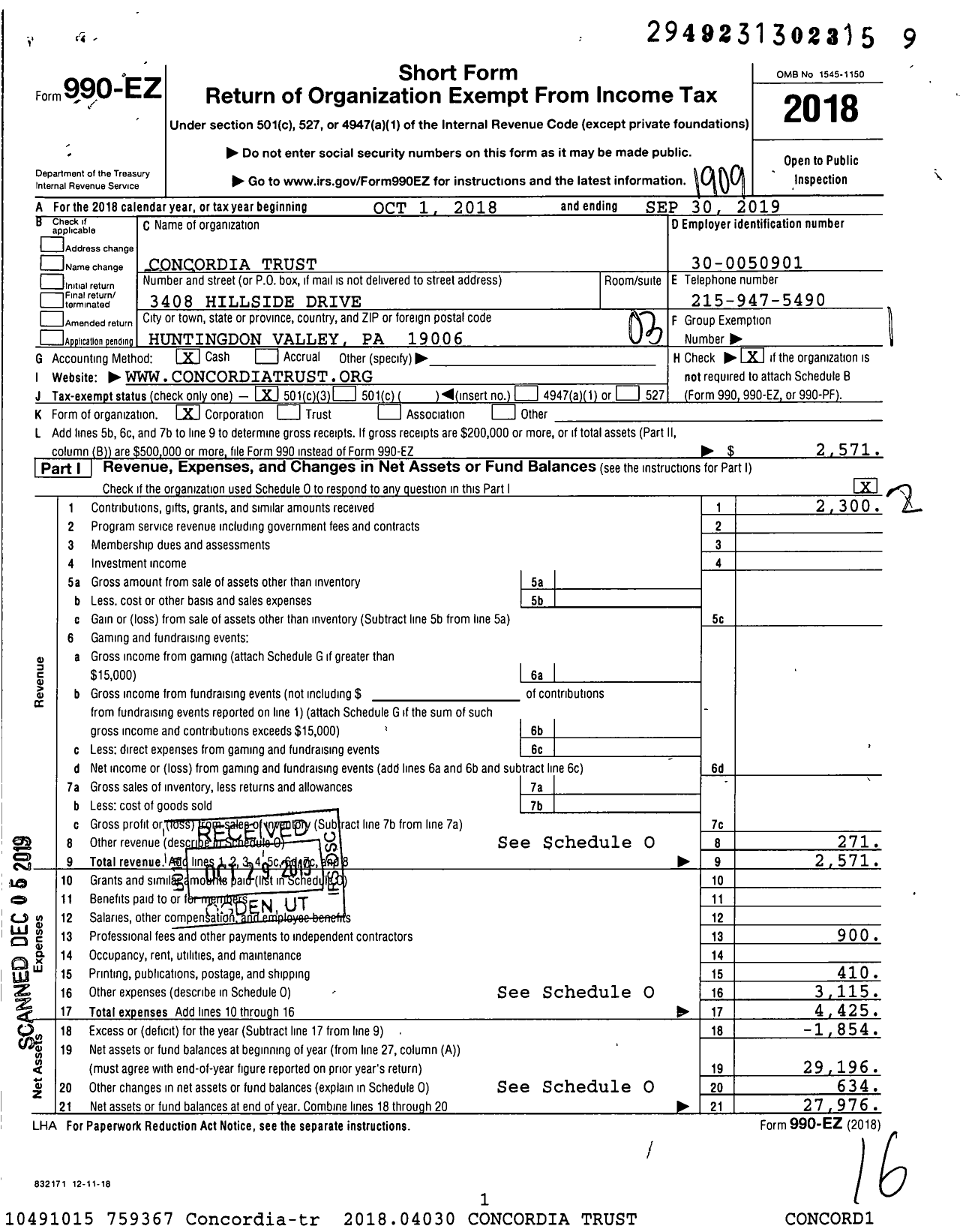 Image of first page of 2018 Form 990EZ for Concordia Trust