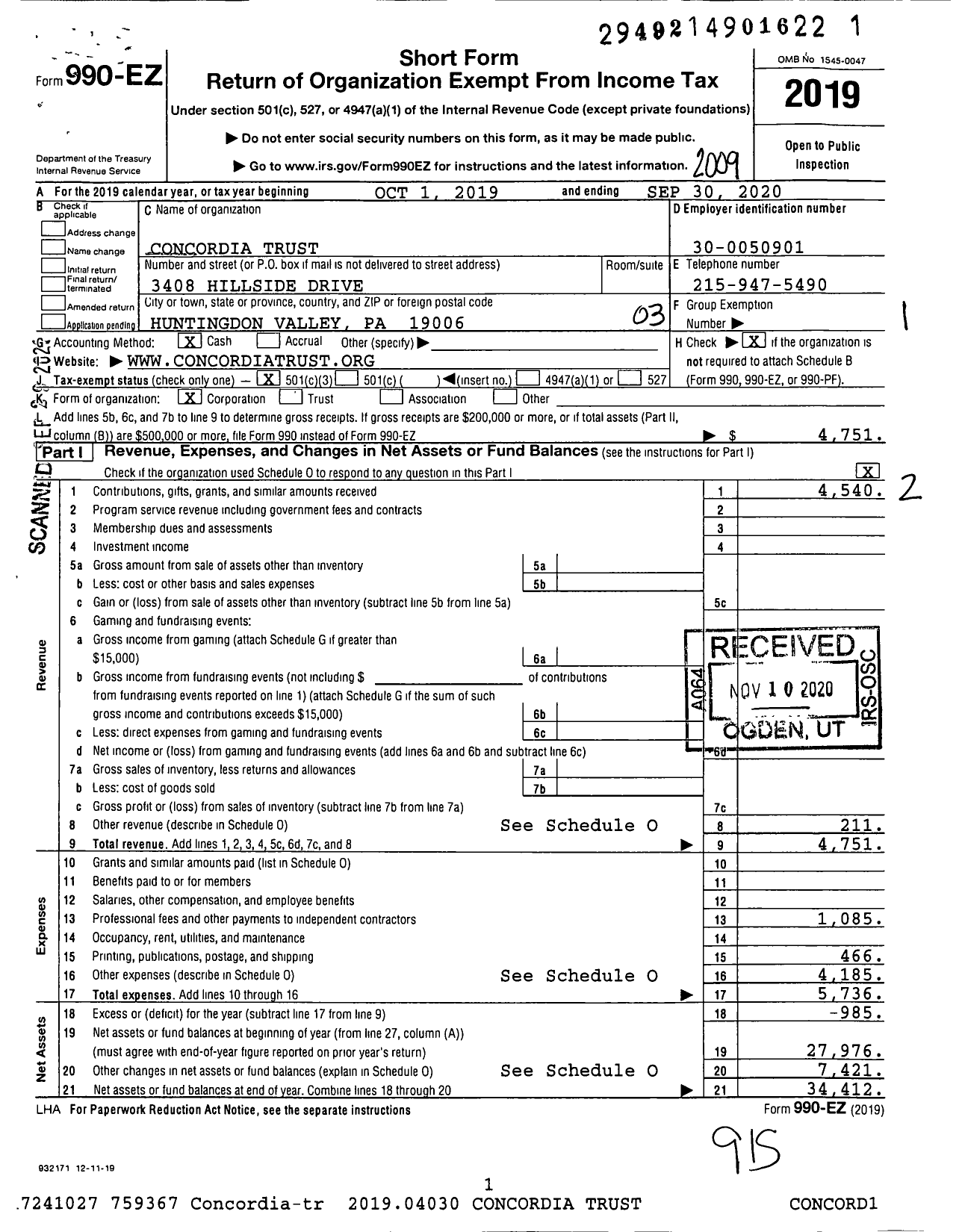 Image of first page of 2019 Form 990EZ for Concordia Trust