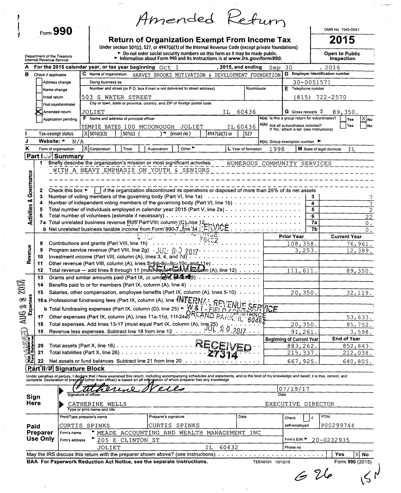 Image of first page of 2015 Form 990 for Harvey Brooks Motivation and Development Foundation