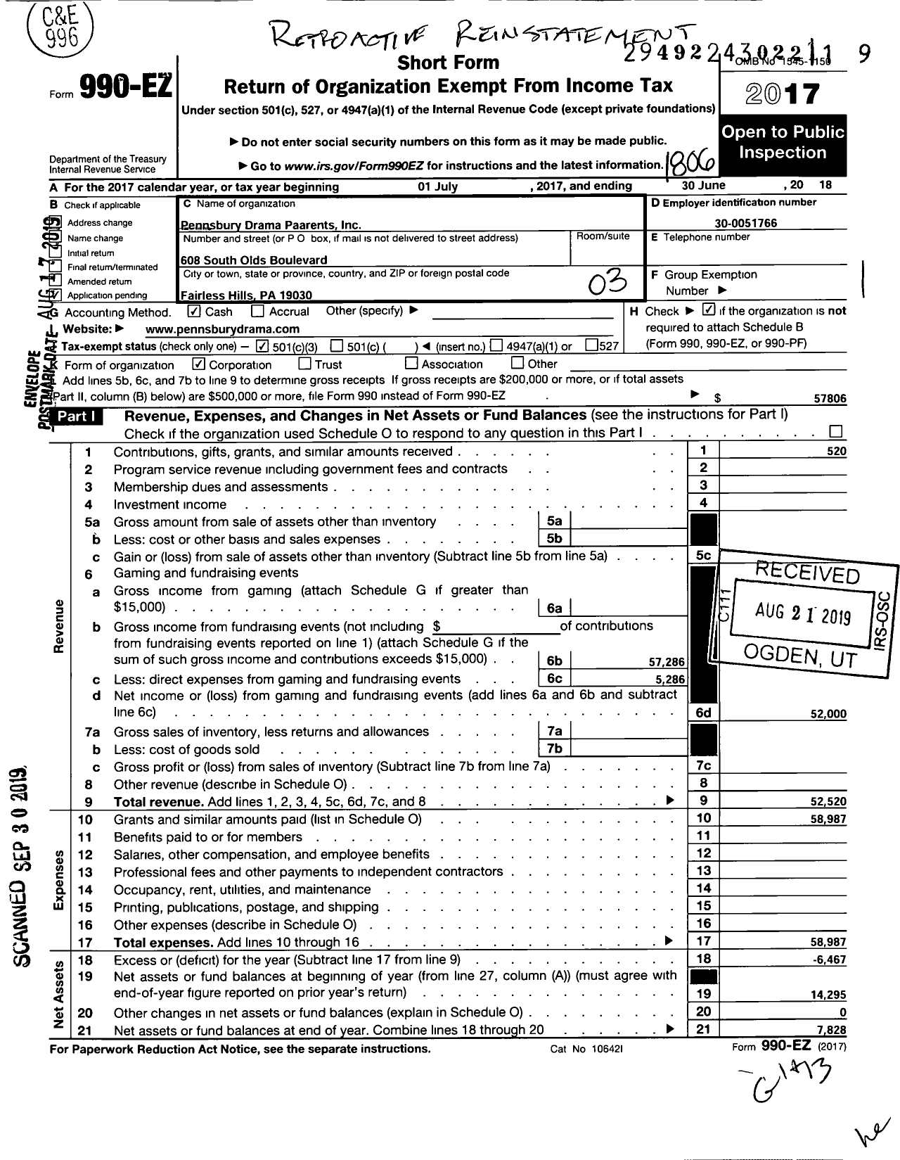 Image of first page of 2017 Form 990EZ for Pennsbury Drama Parents