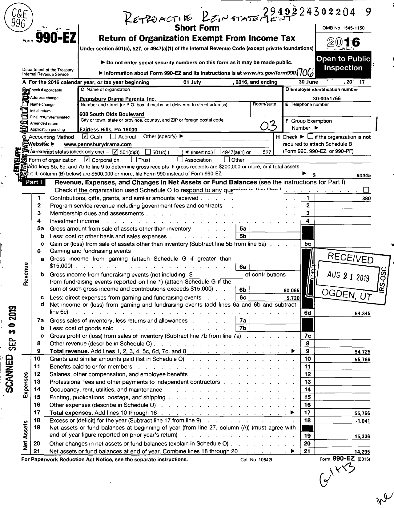 Image of first page of 2016 Form 990EZ for Pennsbury Drama Parents