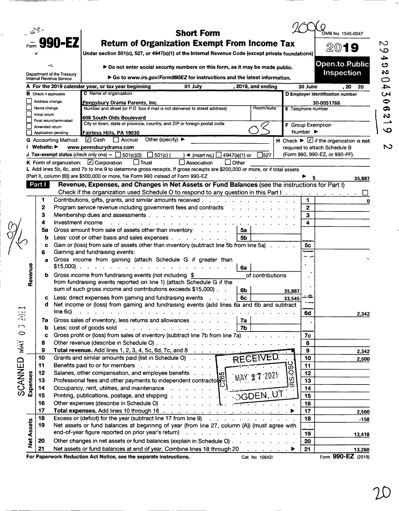 Image of first page of 2019 Form 990EZ for Pennsbury Drama Parents