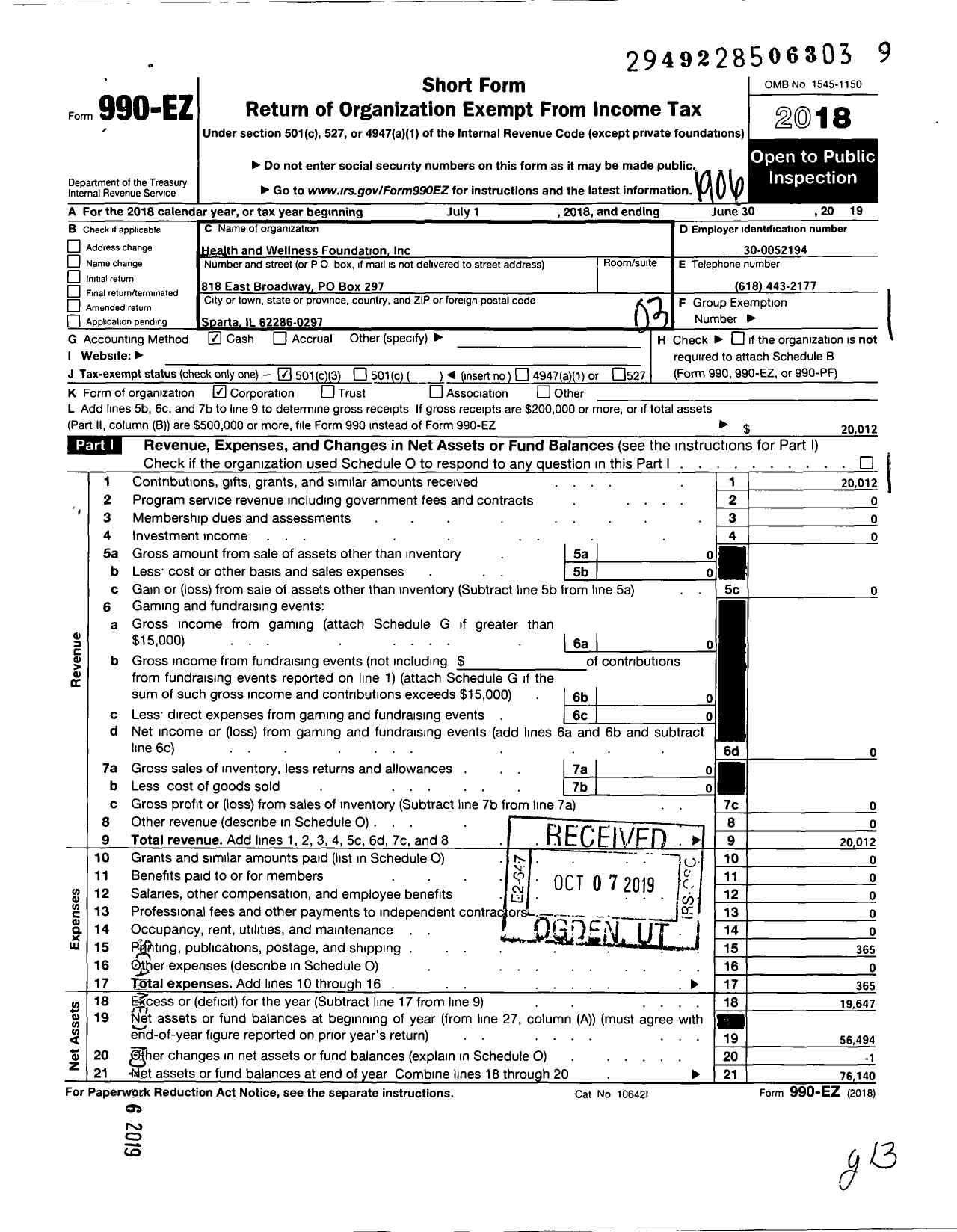 Image of first page of 2018 Form 990EZ for Health and Wellness Foundation