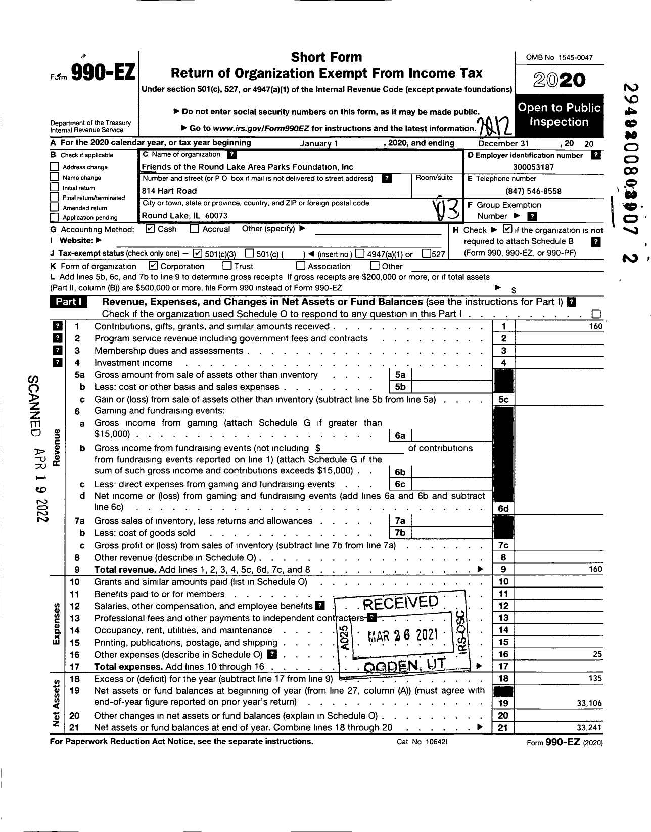 Image of first page of 2020 Form 990EZ for Friends of the Round Lake Area Parks Foundation