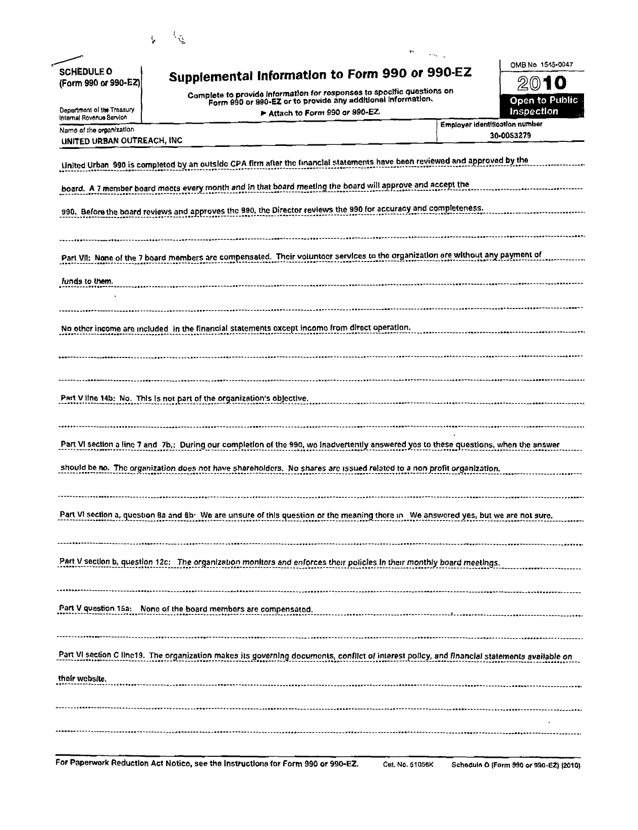 Image of first page of 2010 Form 990R for United Urban Outreach