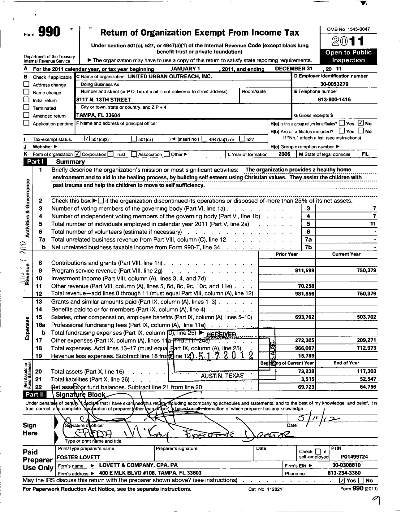 Image of first page of 2011 Form 990 for United Urban Outreach