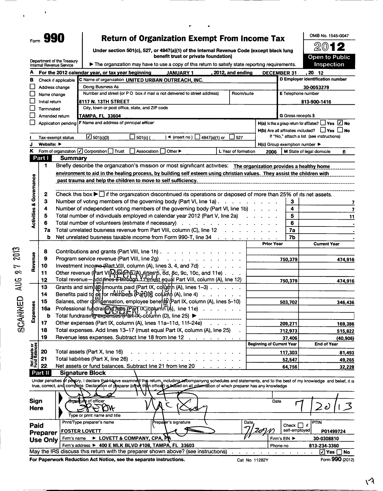 Image of first page of 2012 Form 990 for United Urban Outreach