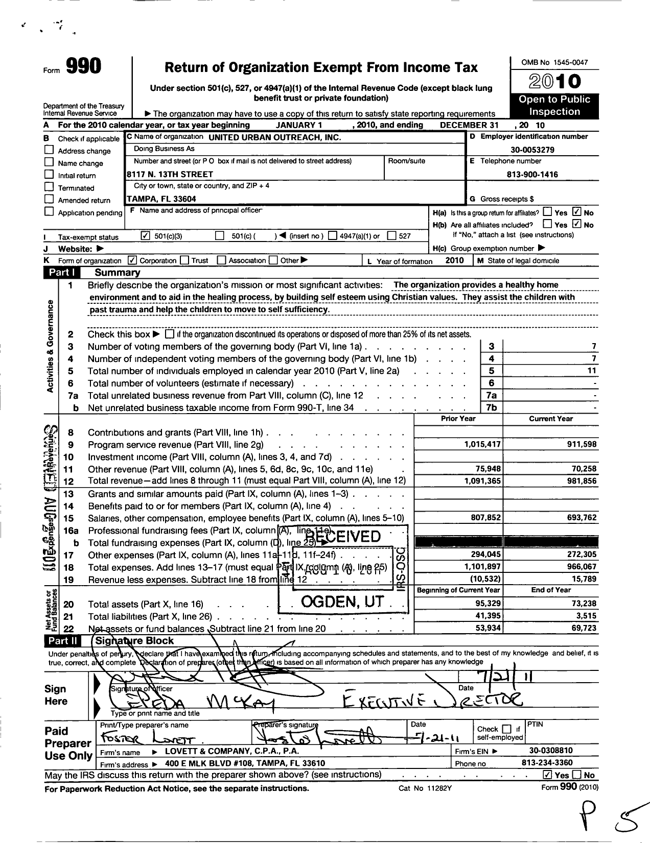 Image of first page of 2010 Form 990 for United Urban Outreach