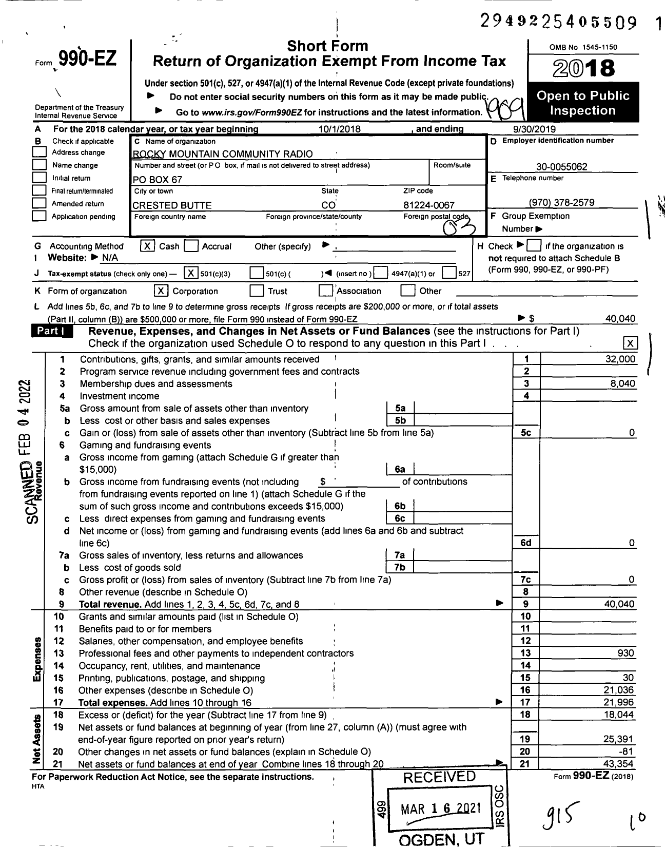 Image of first page of 2018 Form 990EZ for Rocky Mountain Community Radio