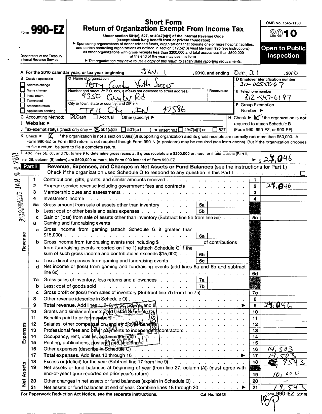 Image of first page of 2010 Form 990EZ for Perry County Youth Soccer