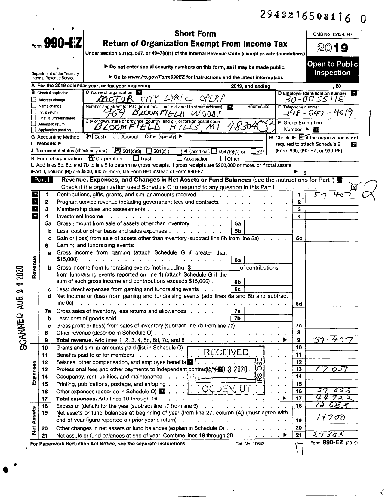 Image of first page of 2019 Form 990EZ for Motor City Lyric Opera