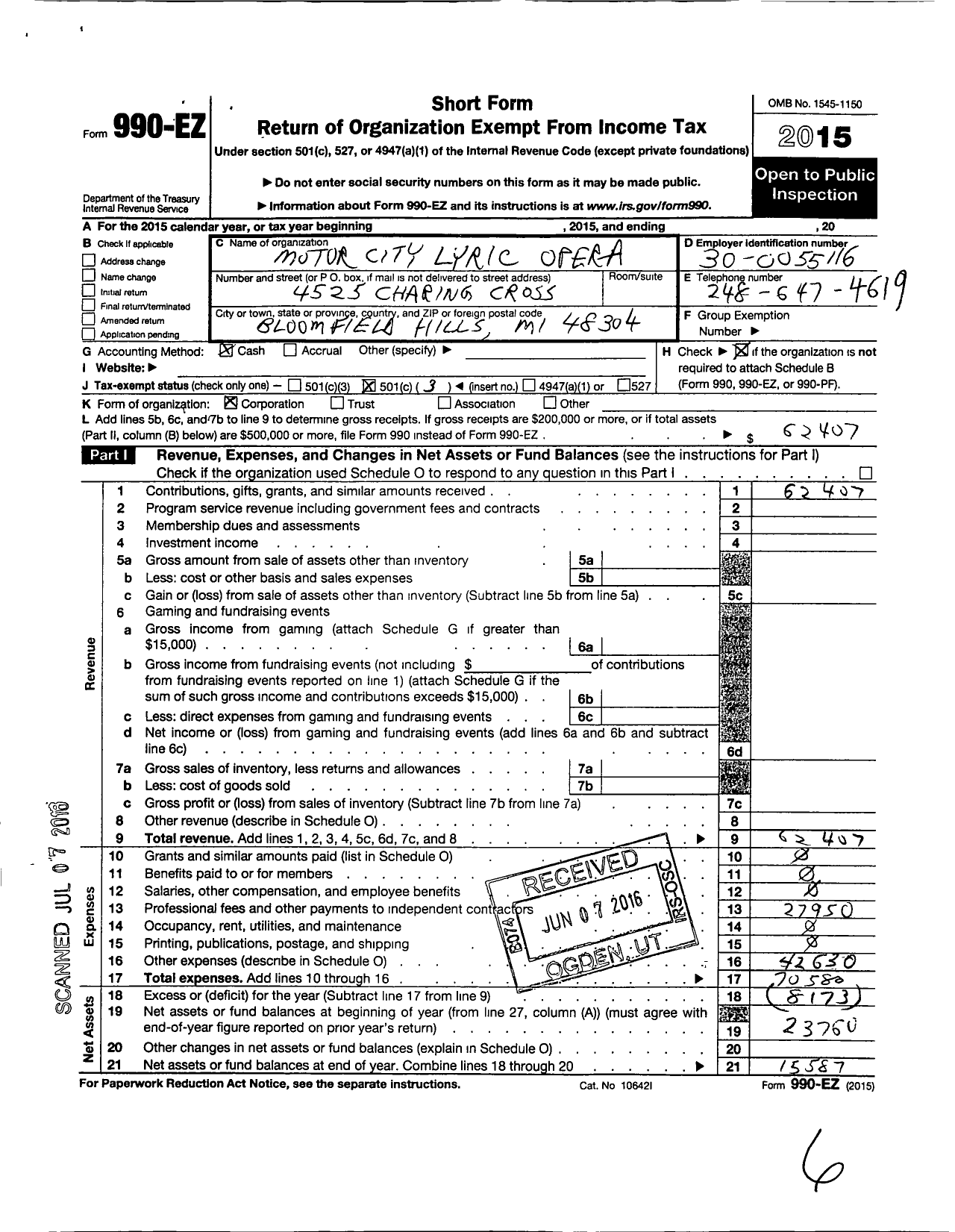 Image of first page of 2015 Form 990EZ for Motor City Lyric Opera