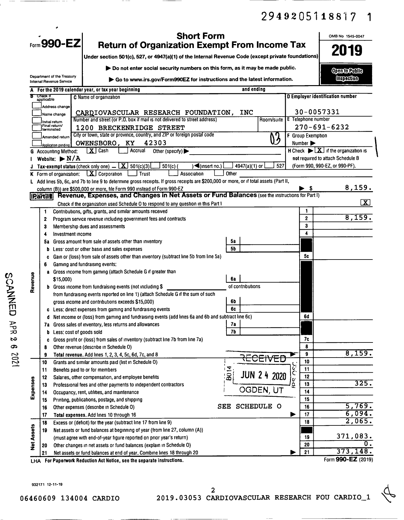 Image of first page of 2019 Form 990EZ for Cardiovascular Research Foundation