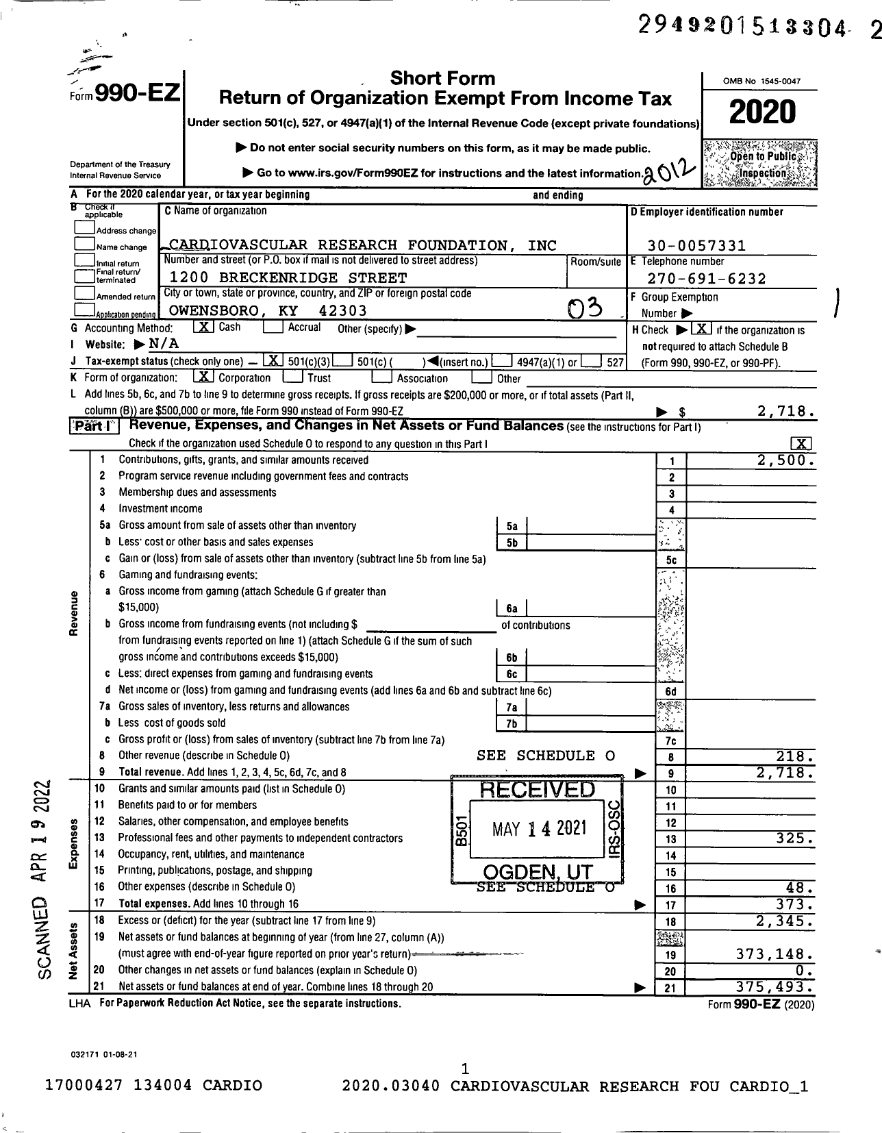 Image of first page of 2020 Form 990EZ for Cardiovascular Research Foundation