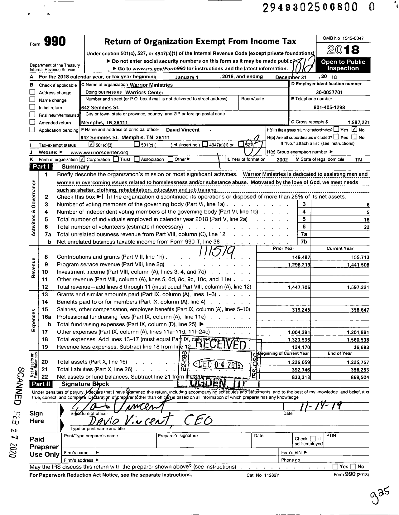 Image of first page of 2018 Form 990 for Warriors Center USA