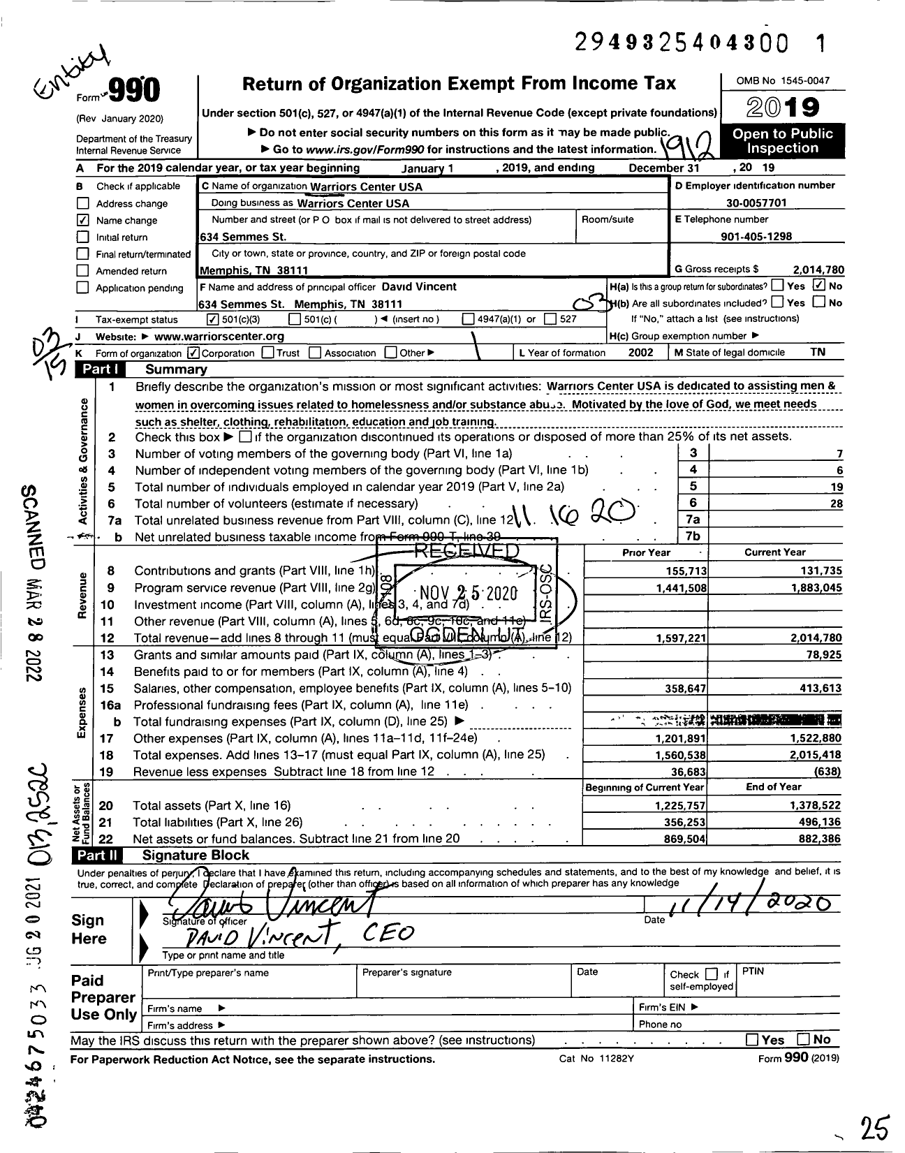 Image of first page of 2019 Form 990 for Warriors Center USA