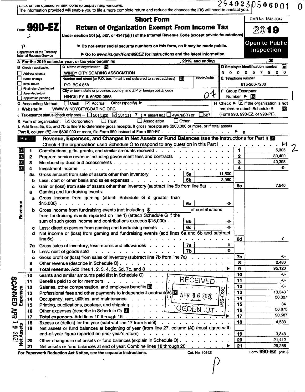 Image of first page of 2019 Form 990EO for Windy City Soaring