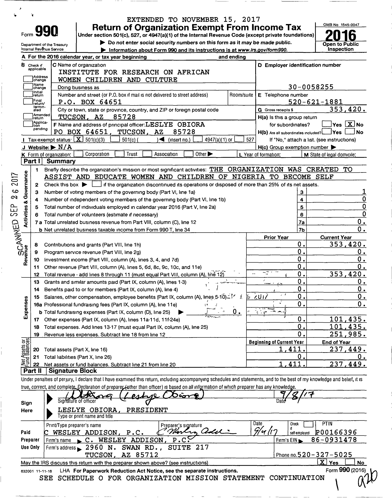 Image of first page of 2016 Form 990 for Institute for Research on African Women Children and Culture