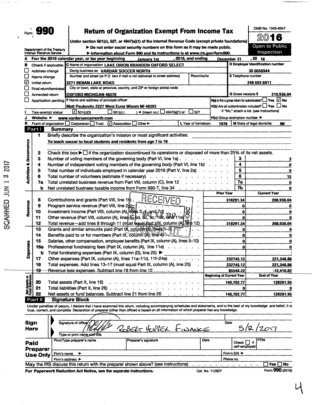 Image of first page of 2016 Form 990 for Lake Orion Brandon Oxford Select (LOBOS)