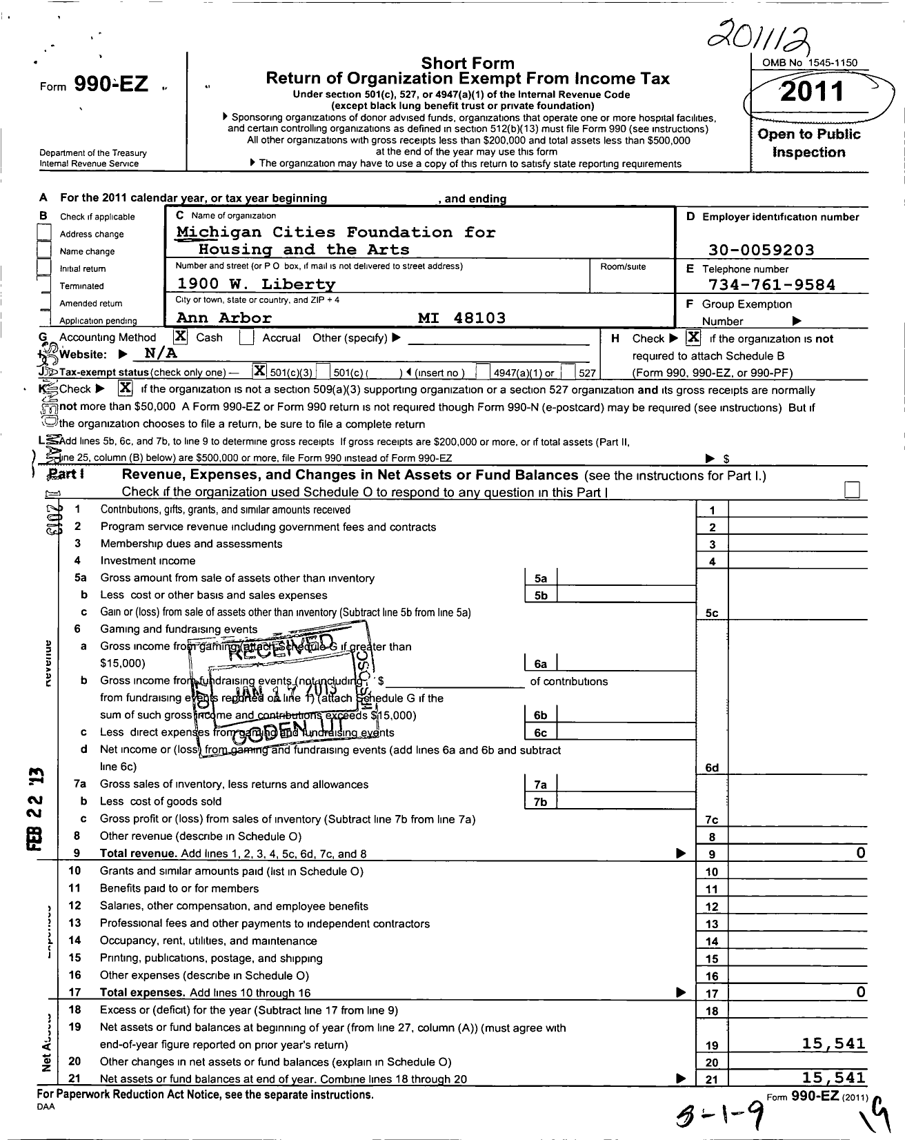 Image of first page of 2011 Form 990EZ for Michigan Cities Foundation for Housing and the Arts