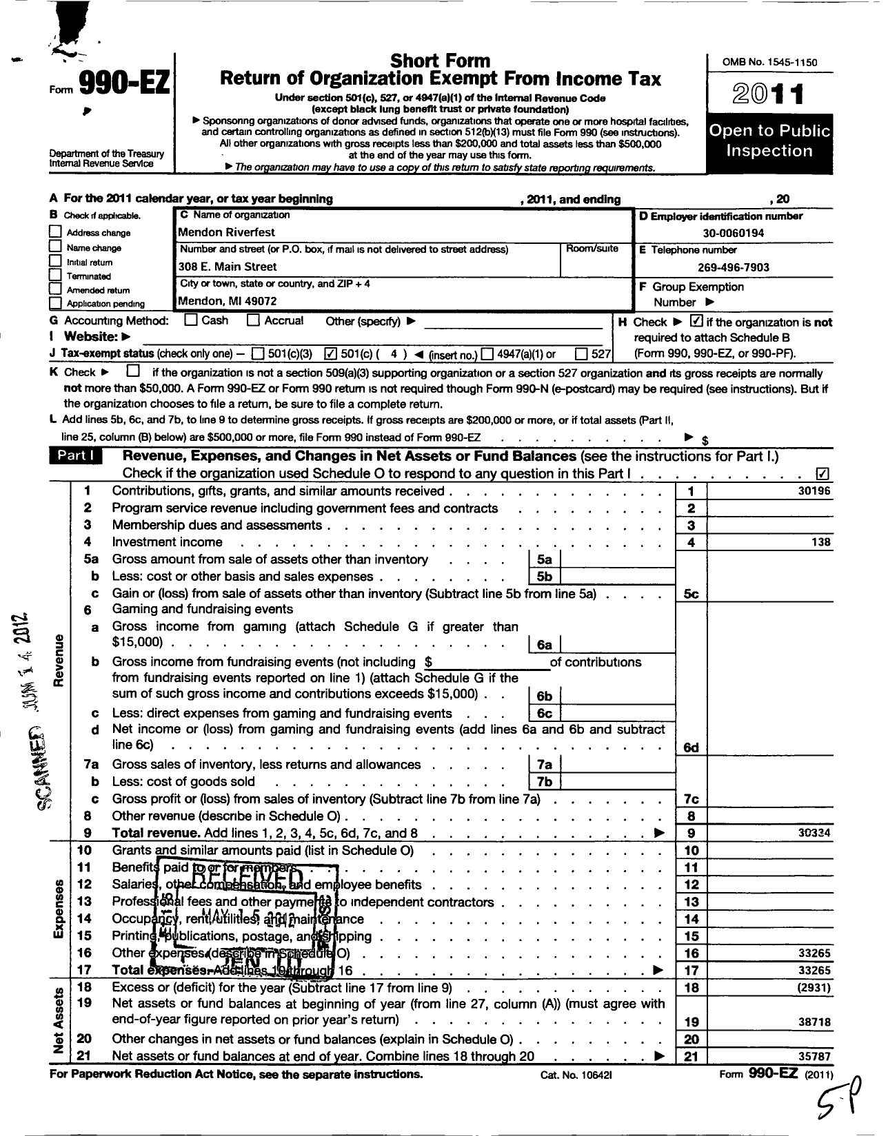 Image of first page of 2011 Form 990EO for Mendon Riverfest