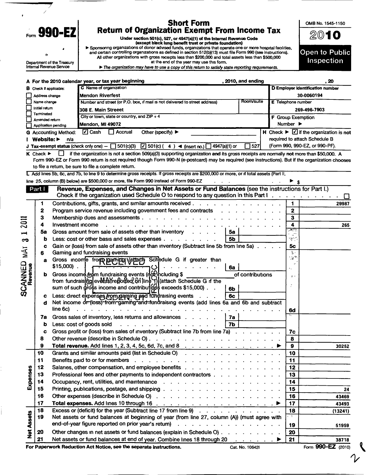 Image of first page of 2010 Form 990EO for Mendon Riverfest