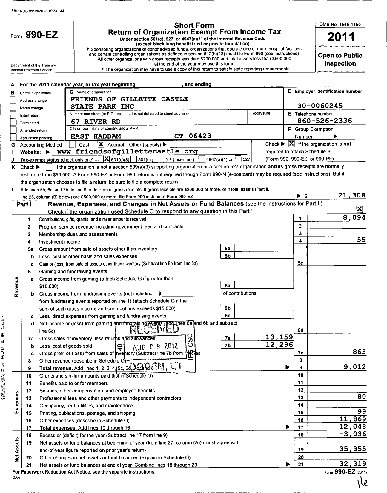 Image of first page of 2011 Form 990EZ for Friends of Gillette Castle State Park