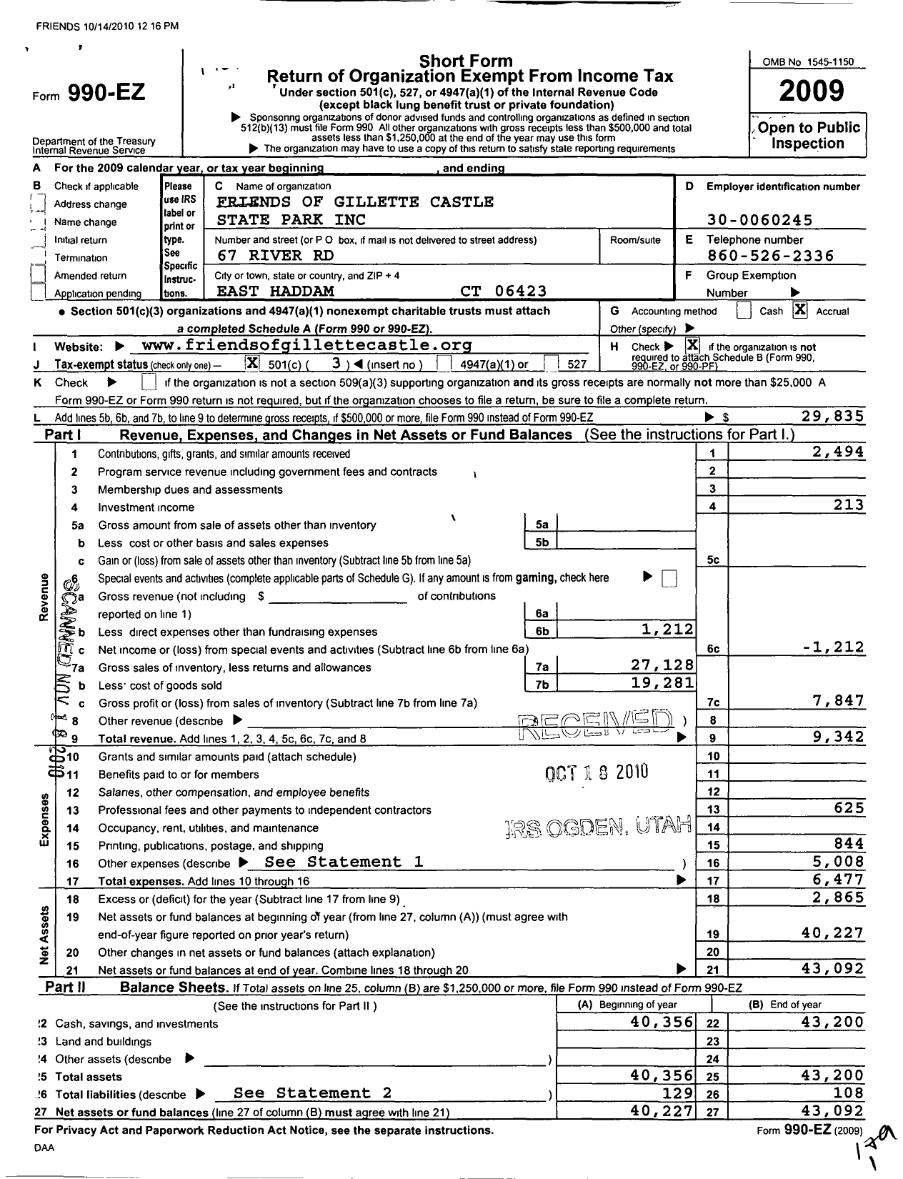 Image of first page of 2009 Form 990EZ for Friends of Gillette Castle State Park