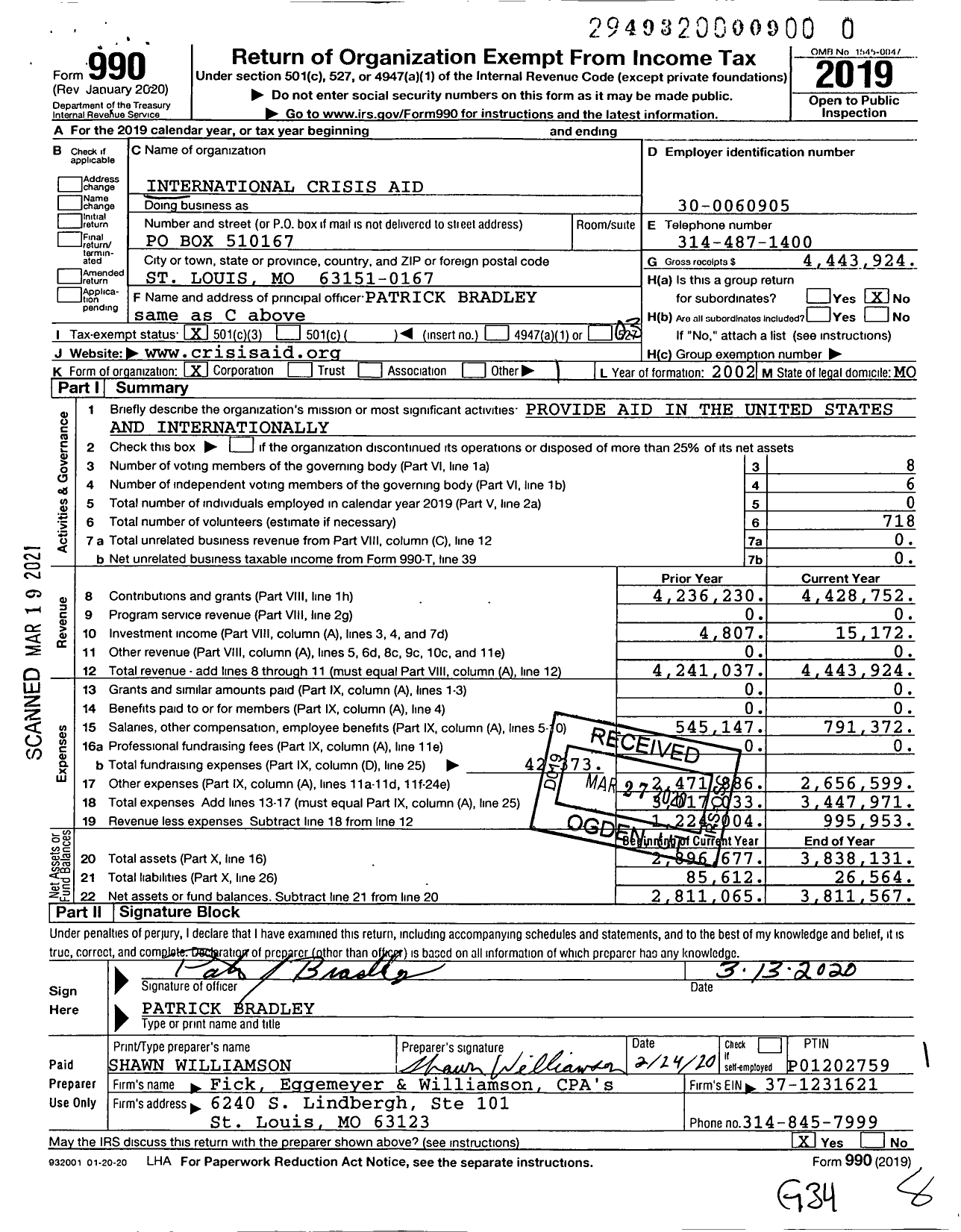 Image of first page of 2019 Form 990 for International Crisis Aid